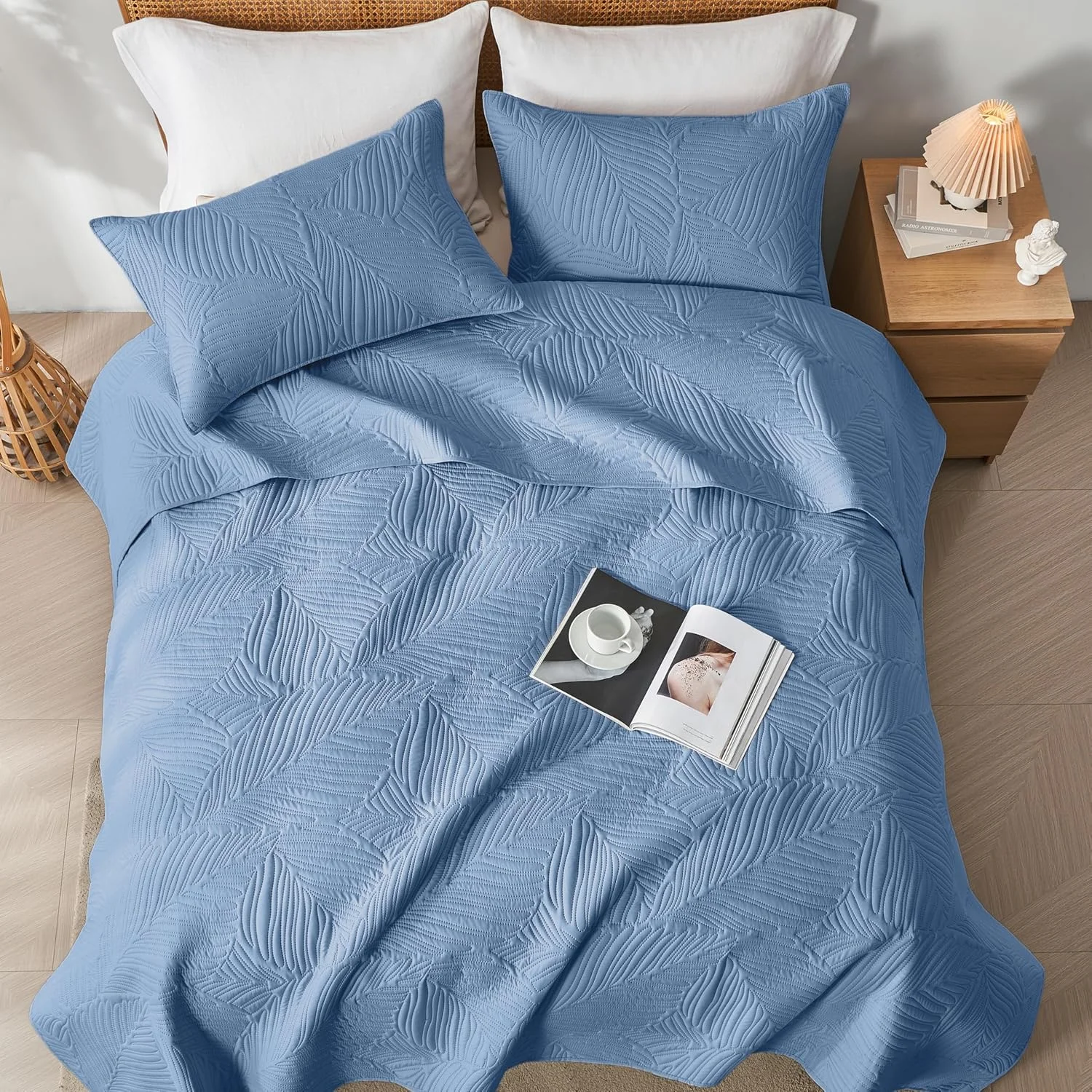 ست روتختی لحاف دار دونفره OARAGE، نرم و سبک، خاکستری مایل به آبی با طرح برگ، رو تختی میکروفایبر اولتراسونیک سایز کامل برای تمام فصول (1 لحاف، 2 روبالشی)