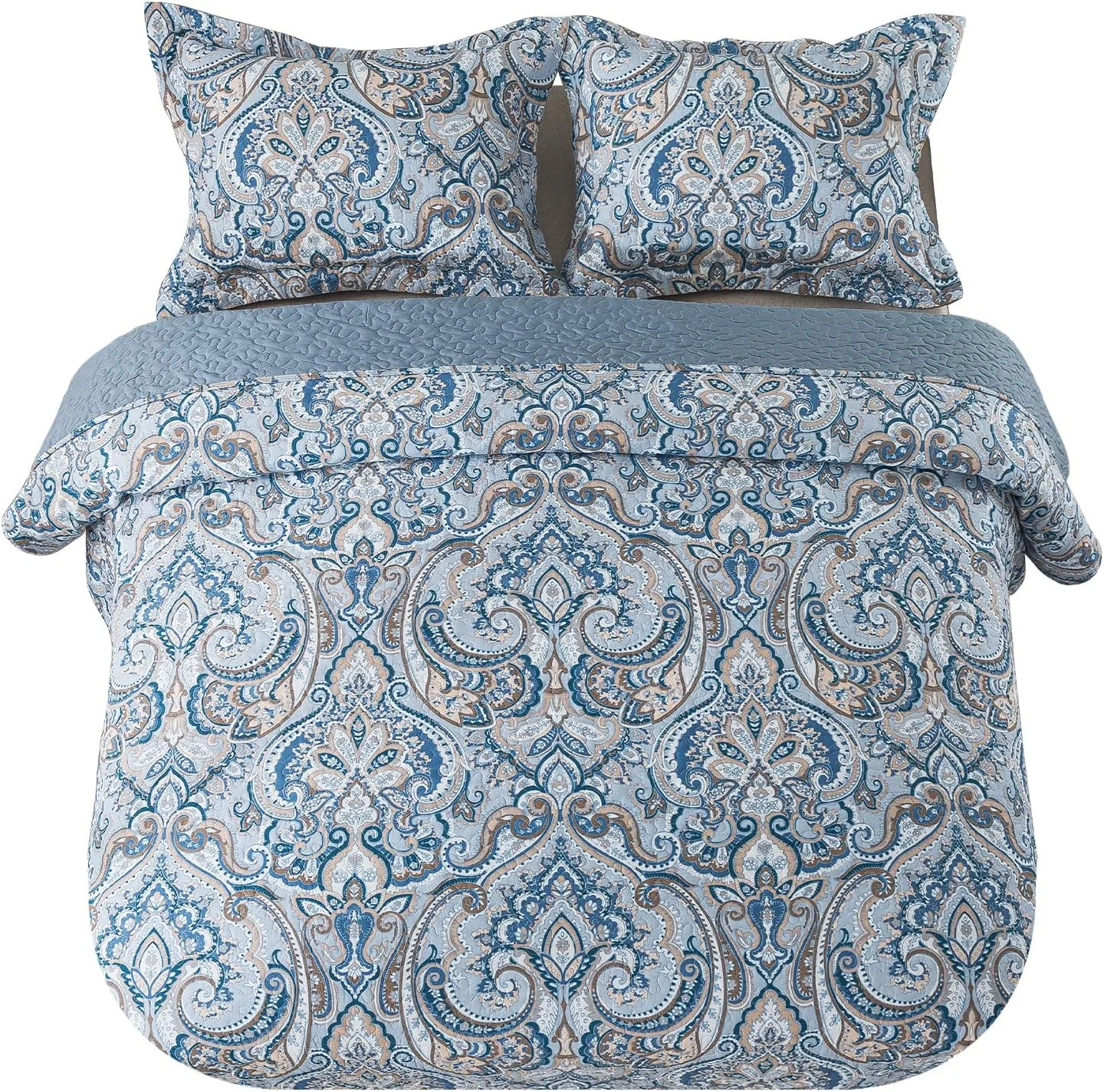 ست روتختی لحاف دار پنبه ای نیولیک - ست رو تختی تکه دوزی شده دو رو، طرح گلدار خاکستری اروپایی، سایز کینگ