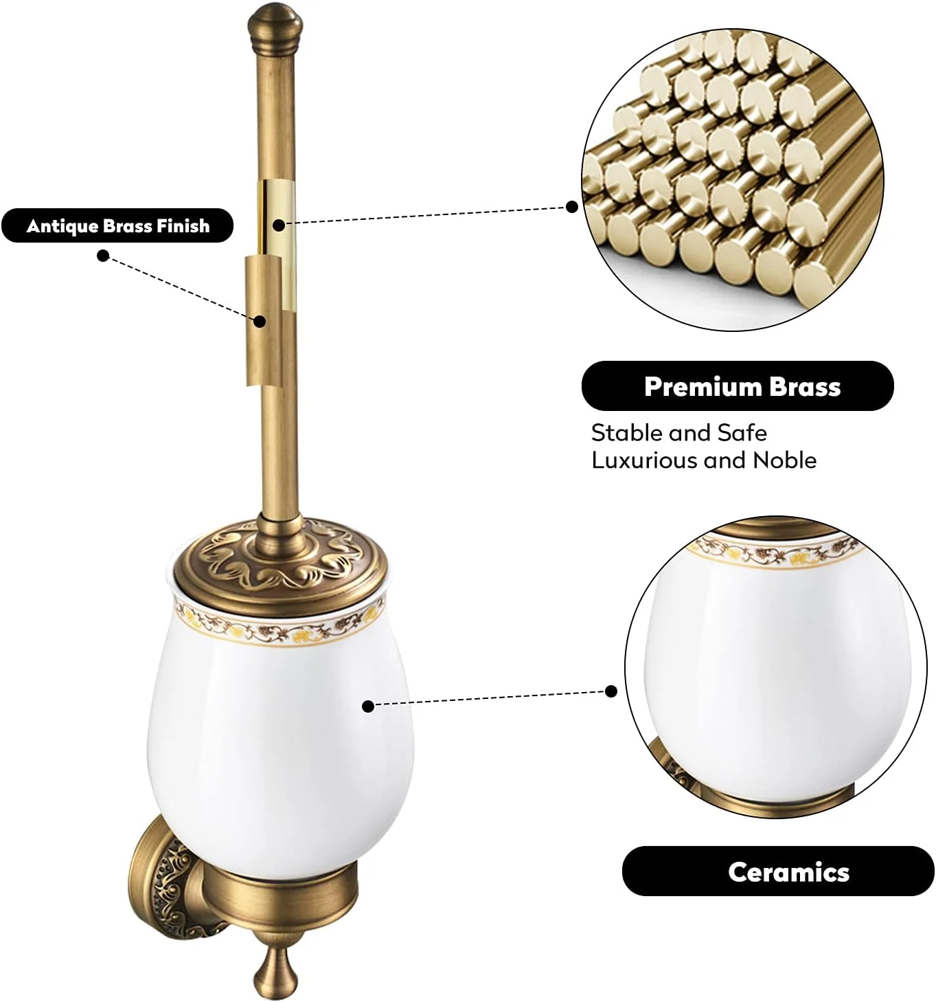 جا برس توالت CASEWIND برنجی عتیقه، ست برس توالت سرامیکی، طرح قدیمی، نصب دیواری با دریل، مناسب سبک خانه روستایی