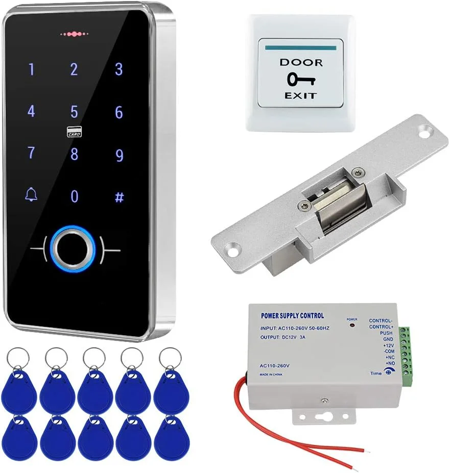 کیت سیستم کنترل دسترسی درب FST، صفحه کلید RFID ضد آب IP68 با اثر انگشت بیومتریک + منبع تغذیه K80 3A + قفل الکتریکی Fail Safe NC + 10 عدد جاکلیدی RFID 13.56 مگاهرتز