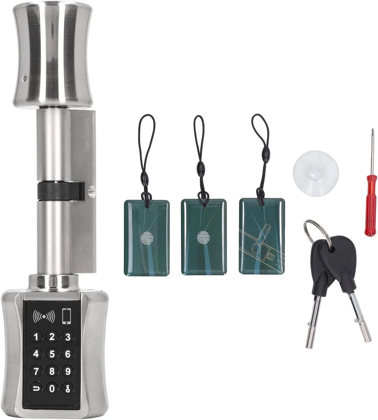 قفل درب هوشمند بدون کلید با رمز عبور، 3 عدد کارت RFID، رابط اضطراری، قفل درب بدون کلید استیل ضد زنگ، قفل سیلندر هوشمند برنجی کم مصرف برای درب های امنیتی چوبی و آهنی