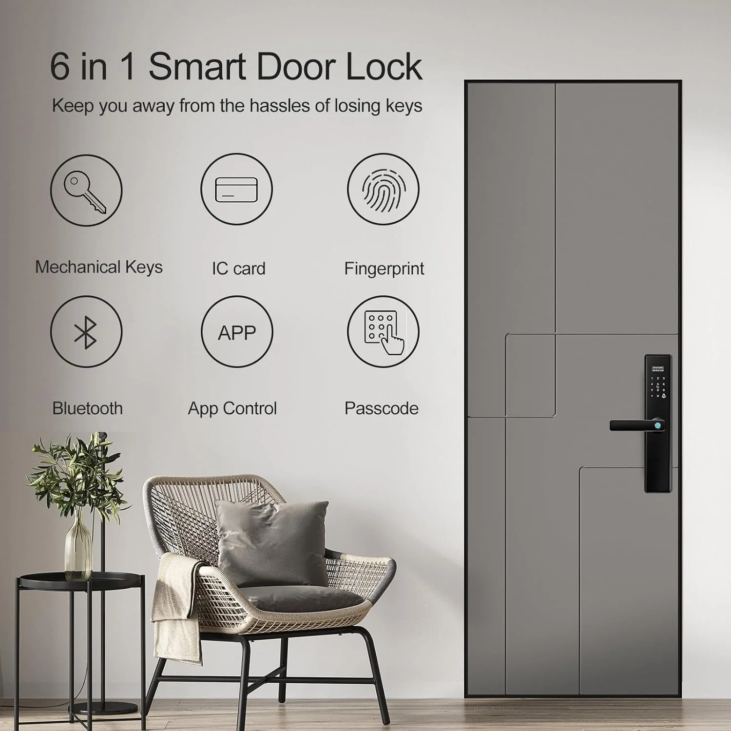 قفل درب هوشمند Makayuron، Tuya Wifi، (شامل 4 عدد باتری) باز کردن قفل با اثر انگشت، NFC، رمز عبور، از راه دور، کلید مکانیکی. با مورتایز 6068 (S05-مشکی)