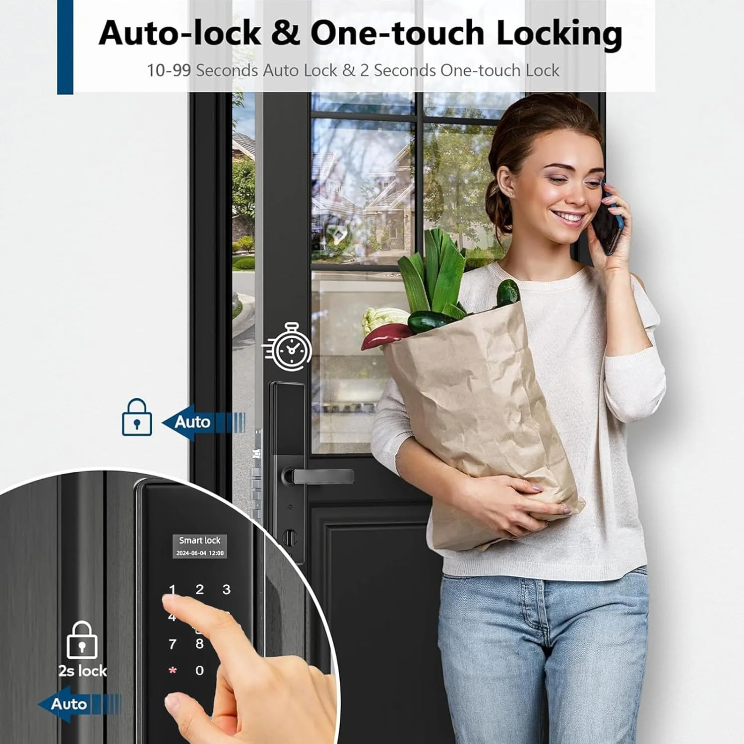 قفل درب هوشمند Makayuron، Tuya Wifi، (شامل 4 عدد باتری) باز کردن قفل با اثر انگشت، NFC، رمز عبور، از راه دور، کلید مکانیکی. با مورتایز 6068 (S05-مشکی)