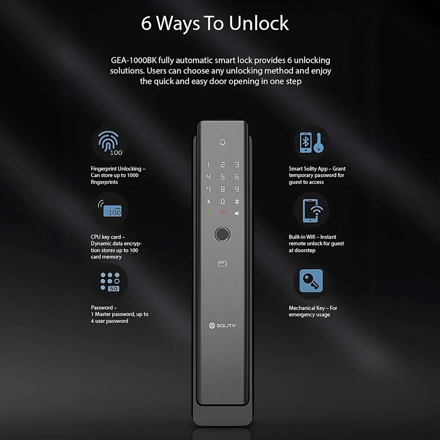 قفل درب هوشمند پریمیوم Solity GEA-1000BK – دارای وای فای داخلی، اثر انگشت، پین، کارت RFID و دسترسی از طریق اپلیکیشن موبایل، اپلیکیشن هوشمند Solity، ساخت کره