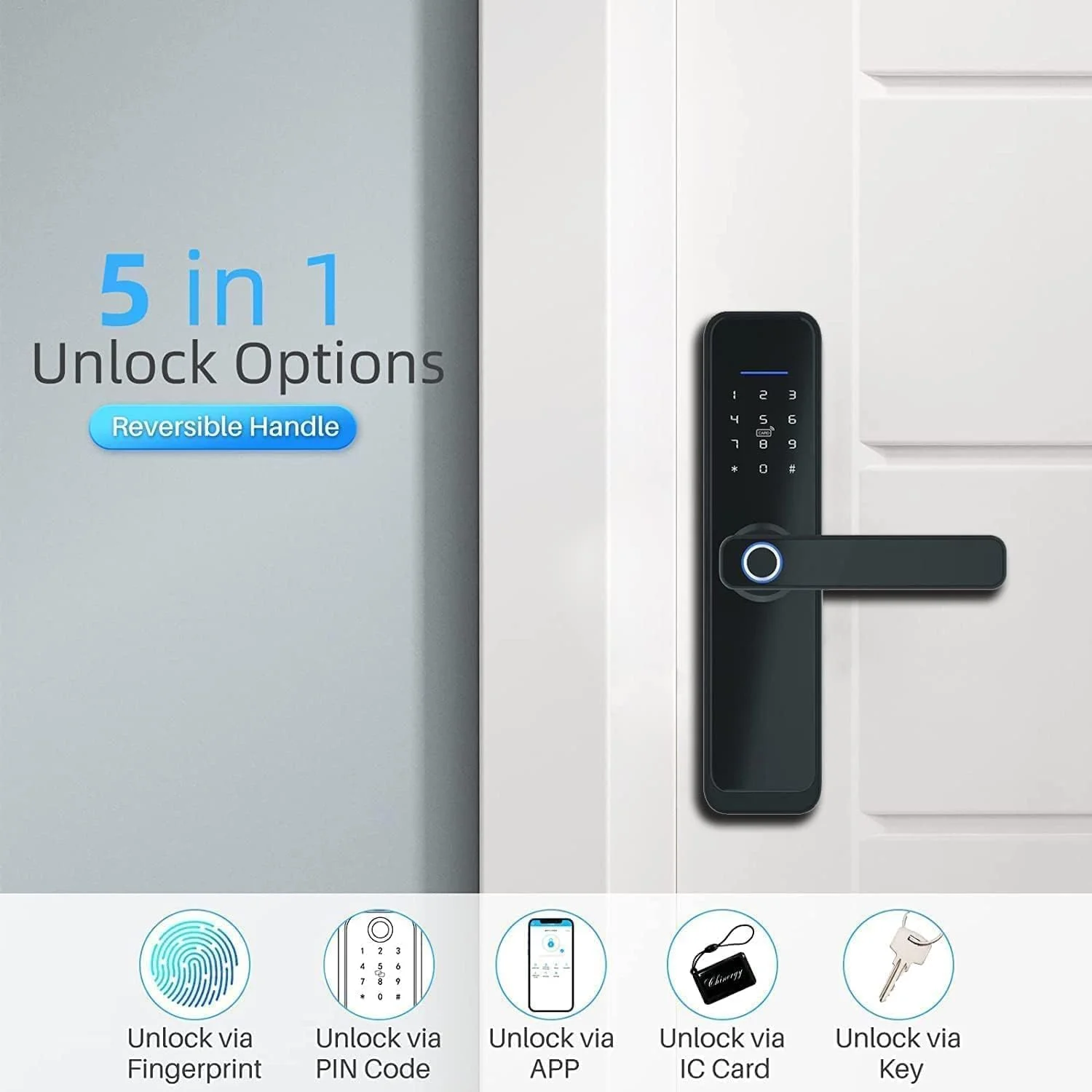 قفل هوشمند درب اثر انگشتی بلوتوثی شامل زبانه 4585، سازگار با الکسا - نیاز به دروازه اضافی، قفل درب الکترونیکی هوشمند دیجیتال با دستگیره برگشت پذیر برای آپارتمان منزل ایربی‌ان‌بی