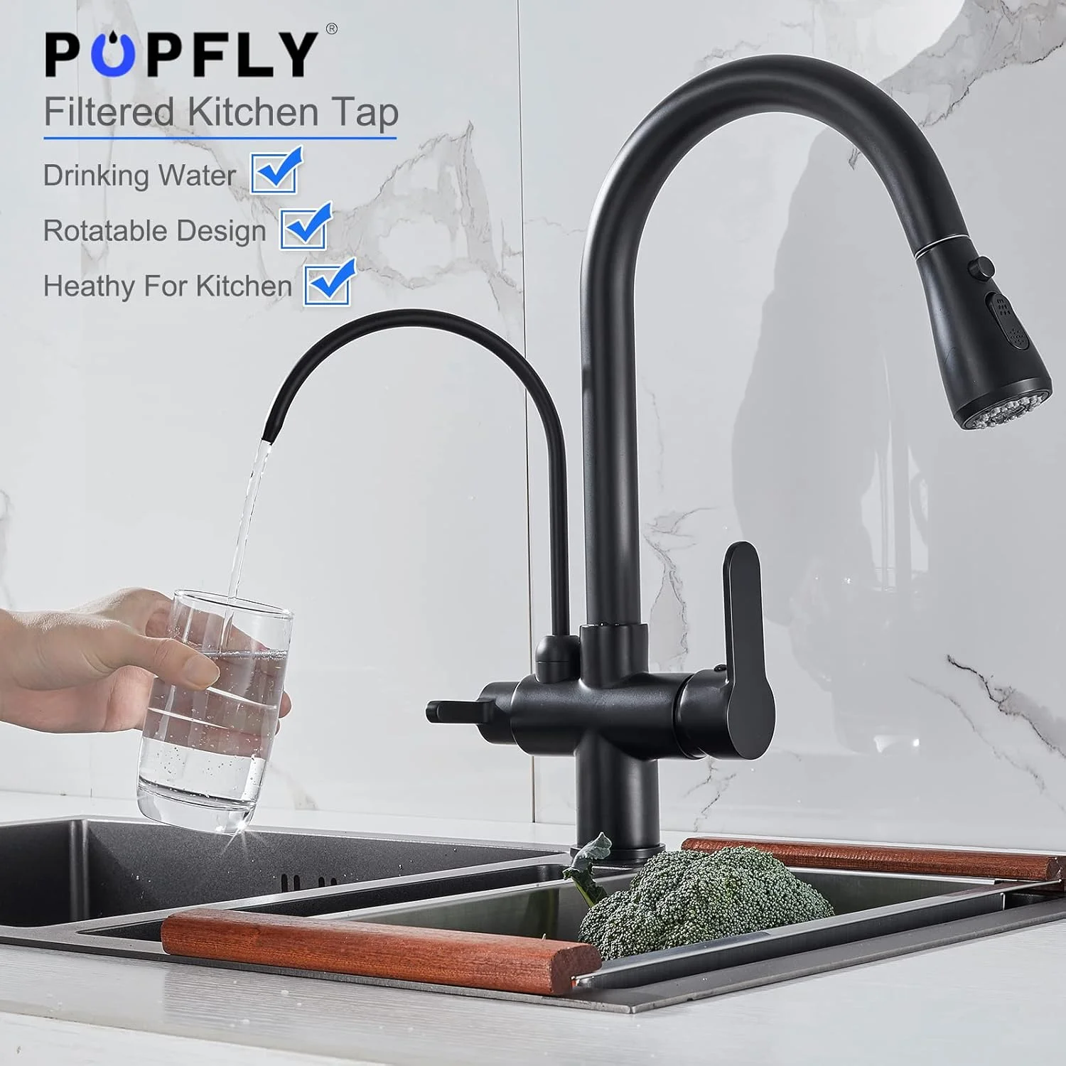 شیر آشپزخانه مدرن POPFLY با شیر آب آشامیدنی، شیر تصفیه آب 3 در 1 با دو دسته و اسپری کشویی، بدنه برنجی، مشکی