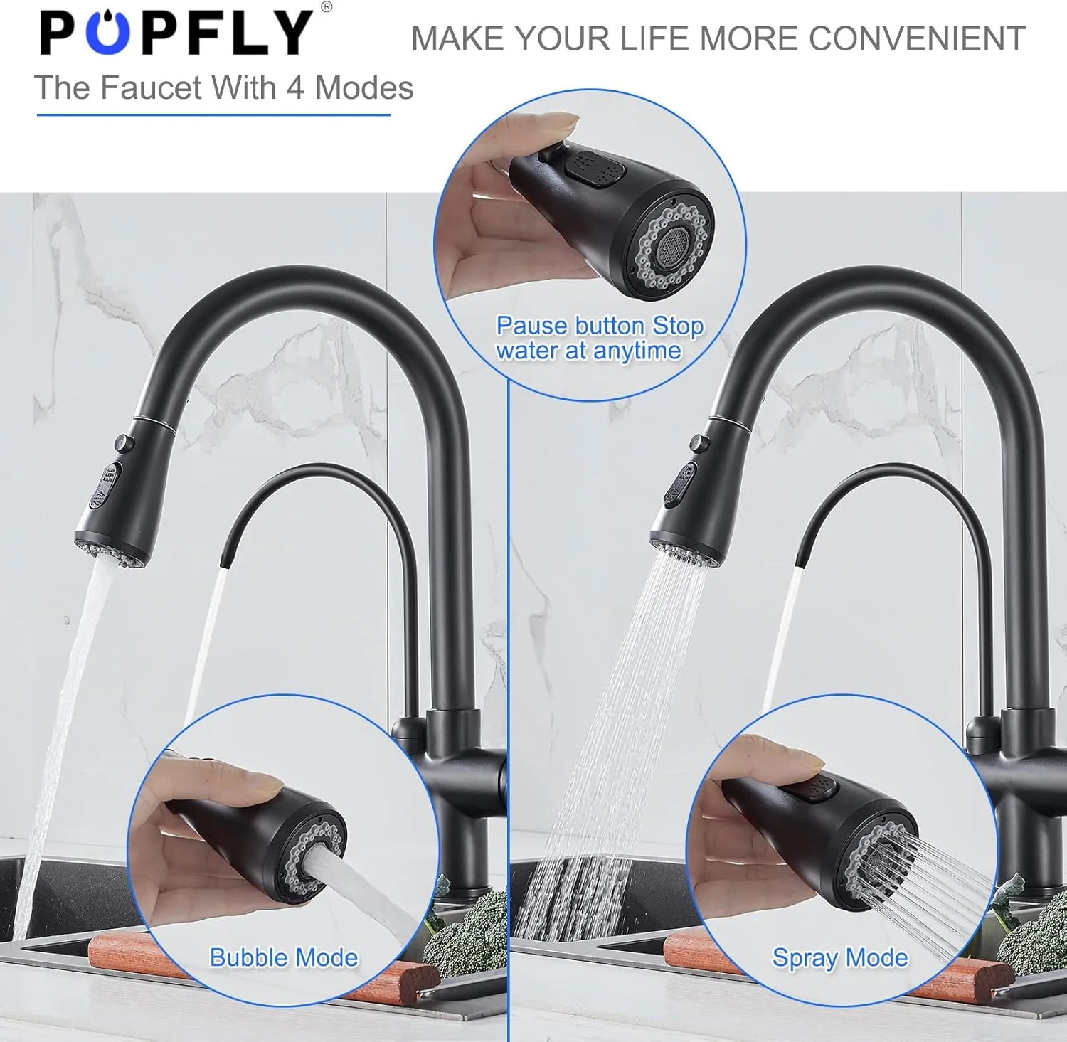 شیر آشپزخانه مدرن POPFLY با شیر آب آشامیدنی، شیر تصفیه آب 3 در 1 با دو دسته و اسپری کشویی، بدنه برنجی، مشکی
