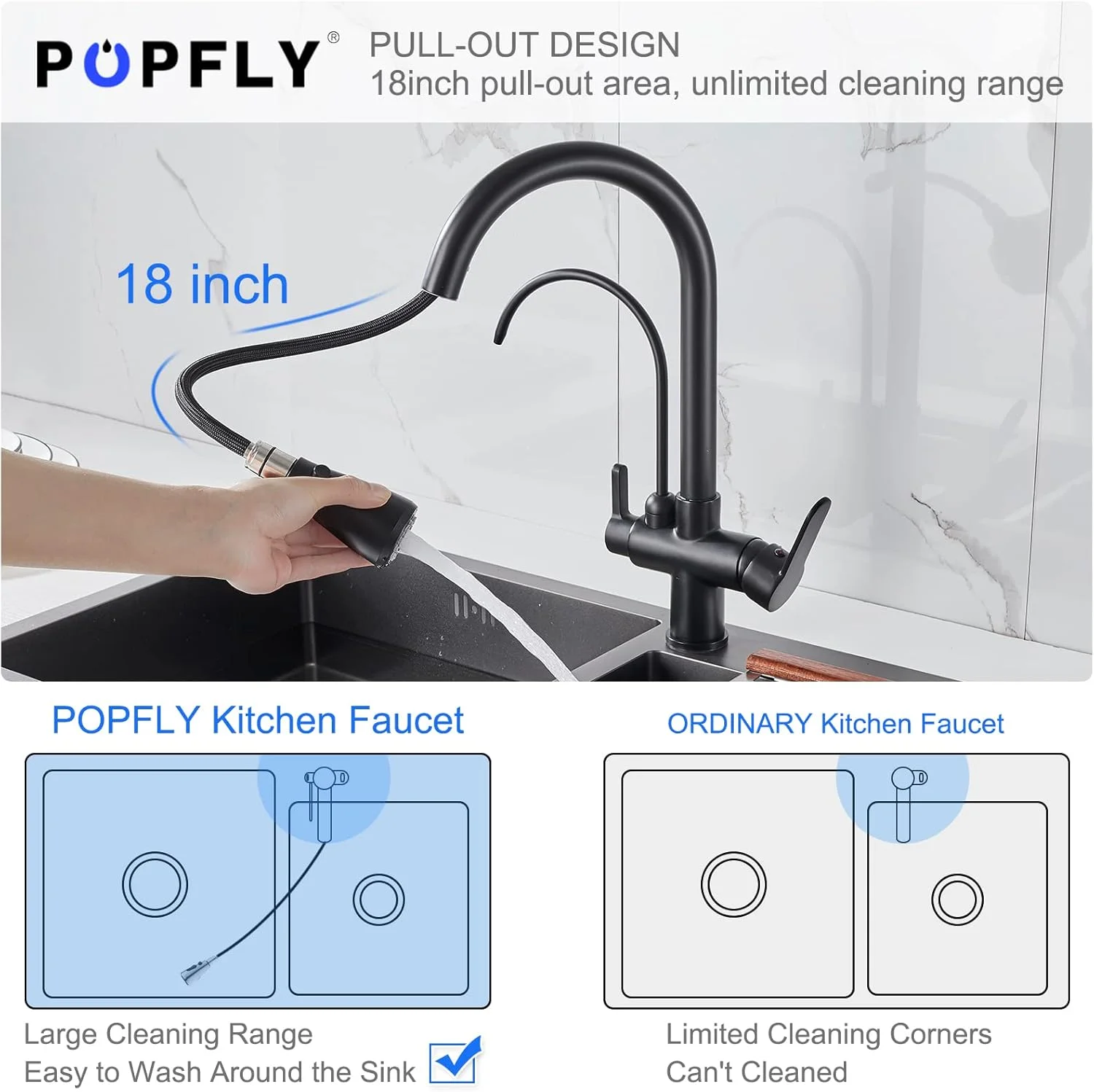 شیر آشپزخانه مدرن POPFLY با شیر آب آشامیدنی، شیر تصفیه آب 3 در 1 با دو دسته و اسپری کشویی، بدنه برنجی، مشکی