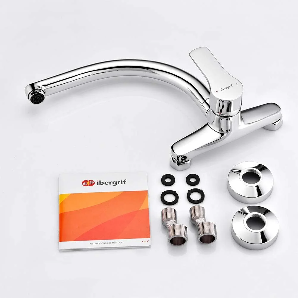 شیر آشپزخانه دیواری ایبرگریف مدل M16357، شیر مخلوط تک اهرمی با چرخش 360 درجه، شیر سینک با سوراخ نصب قابل تنظیم (130mm-170mm)، برنجی، کروم شیر آشپزخانه دیواری ایبرگریف مدل M16357، شیر مخلوط تک اهرمی با چرخش 360 درجه، شیر سینک با سوراخ نصب قابل تنظیم (130mm-170mm)، برنجی، کروم