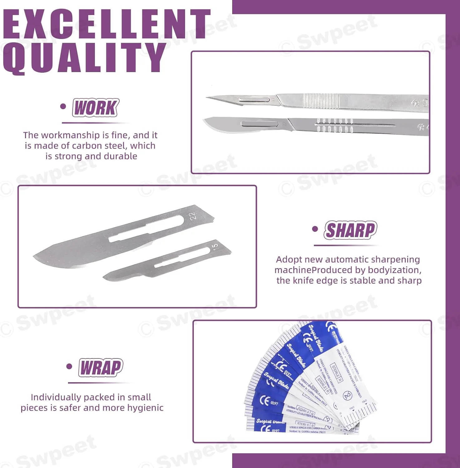 مجموعه 77 عددی تیغ جراحی Swpeet شامل 9 مدل #10#11#12#15#20#21#22#23#24 با دسته چاقوی جراحی #3#4، تیغ های آزمایشگاهی زیست شناسی برای تشریح و برش