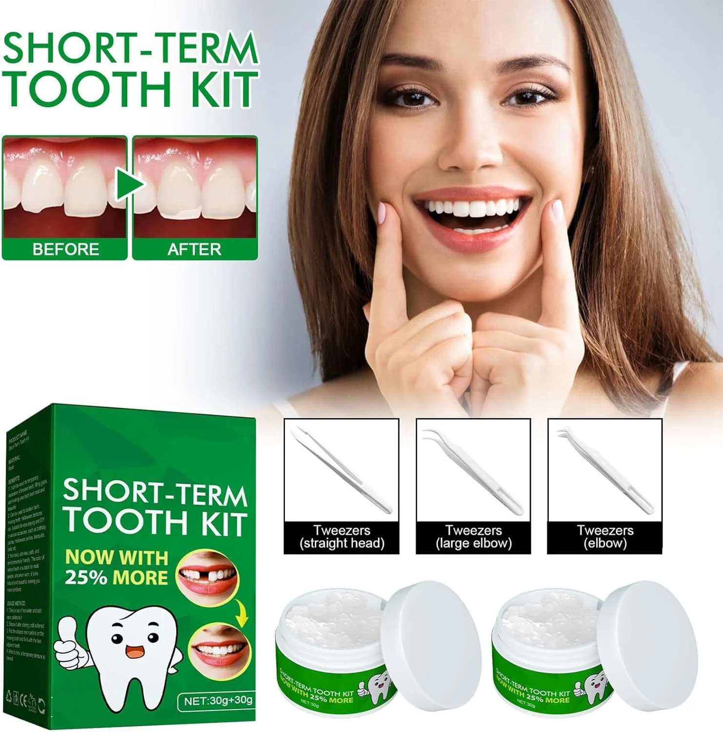 کیت موقت دندانپزشکی زیبایی، مجموعه جایگزینی دندان Azonee با 2 عدد مهره های شکل دهنده 30 میلی لیتری و 3 عدد موچین، ایده آل برای بهبود موقت دندان یا پوشش دندان شکسته