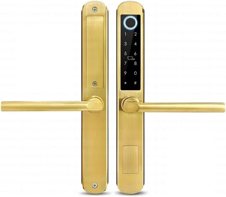 قفل اثر انگشتی ضد آب هوشمند Eazyliv با قابلیت کنترل از طریق وای فای و اپلیکیشن Tuya، ساخته شده از آلیاژ آلومینیوم مناسب برای درب های کشویی شیشه ای، چوبی و قاب دار (طلایی) (مدل 3)