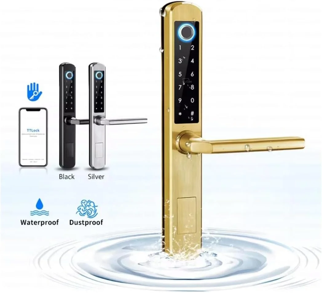 قفل اثر انگشتی ضد آب هوشمند Eazyliv با قابلیت کنترل از طریق وای فای و اپلیکیشن Tuya، ساخته شده از آلیاژ آلومینیوم مناسب برای درب های کشویی شیشه ای، چوبی و قاب دار (طلایی) (مدل 3)