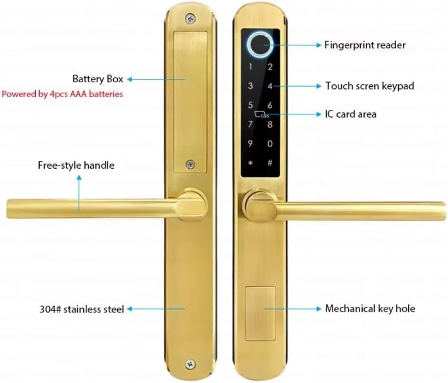قفل اثر انگشتی ضد آب هوشمند Eazyliv با قابلیت کنترل از طریق وای فای و اپلیکیشن Tuya، ساخته شده از آلیاژ آلومینیوم مناسب برای درب های کشویی شیشه ای، چوبی و قاب دار (طلایی) (مدل 3)