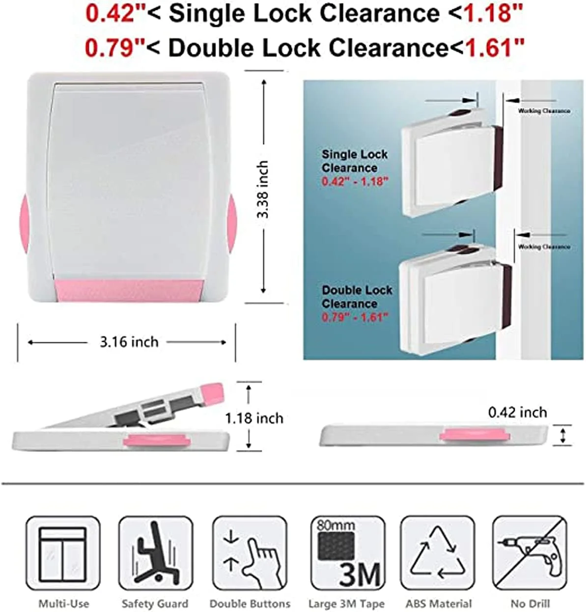 قفل درب شیشه ای کشویی کودک DELFINO، بسته 2 عددی قفل ایمنی کودک قفل کودکانه قفل دستگیره درب نصب و استفاده آسان چسب 3M VHB بدون نیاز به ابزار یا مته جدا کردن آسان برای پنجره کشویی صورتی