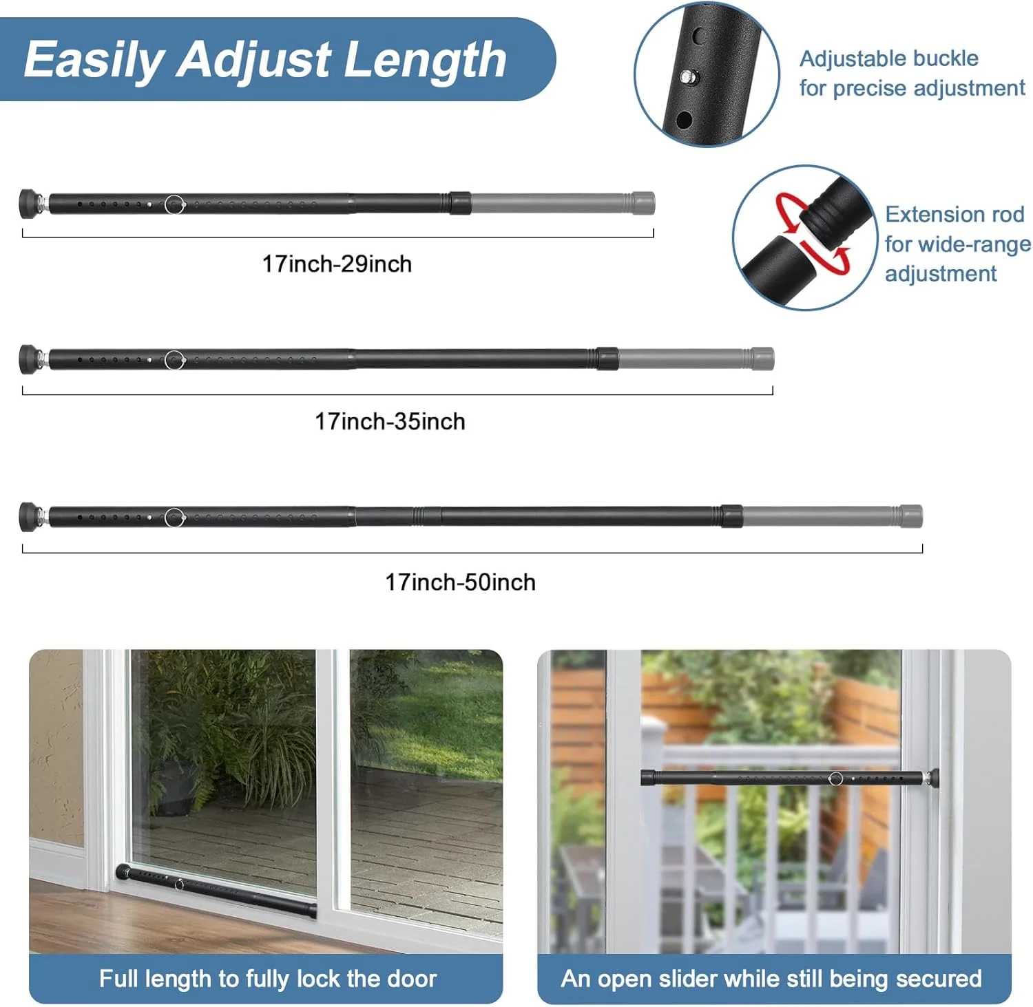 میله امنیتی درب کشویی سنگین - قابل تنظیم 43 تا 127 سانتی متر، قفل درب شیشه ای پاسیو برای ایمنی خانه، محافظ کودک و حیوانات خانگی، مسدود کننده پنجره ضد سرقت، مشکی