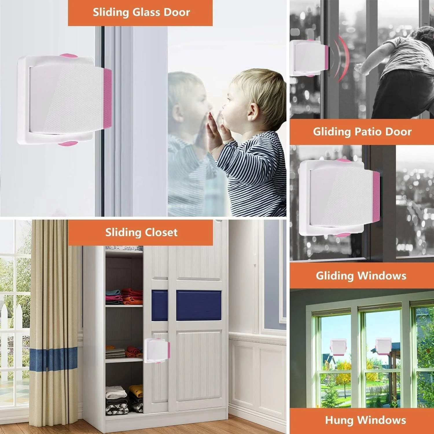قفل درب شیشه ای کشویی کودک KASTWAVE، بسته 4 عددی قفل ایمنی پنجره کشویی کودک برای ایمن سازی درهای پاسیو و کمد، بدون نیاز به ابزار حفاری (صورتی)