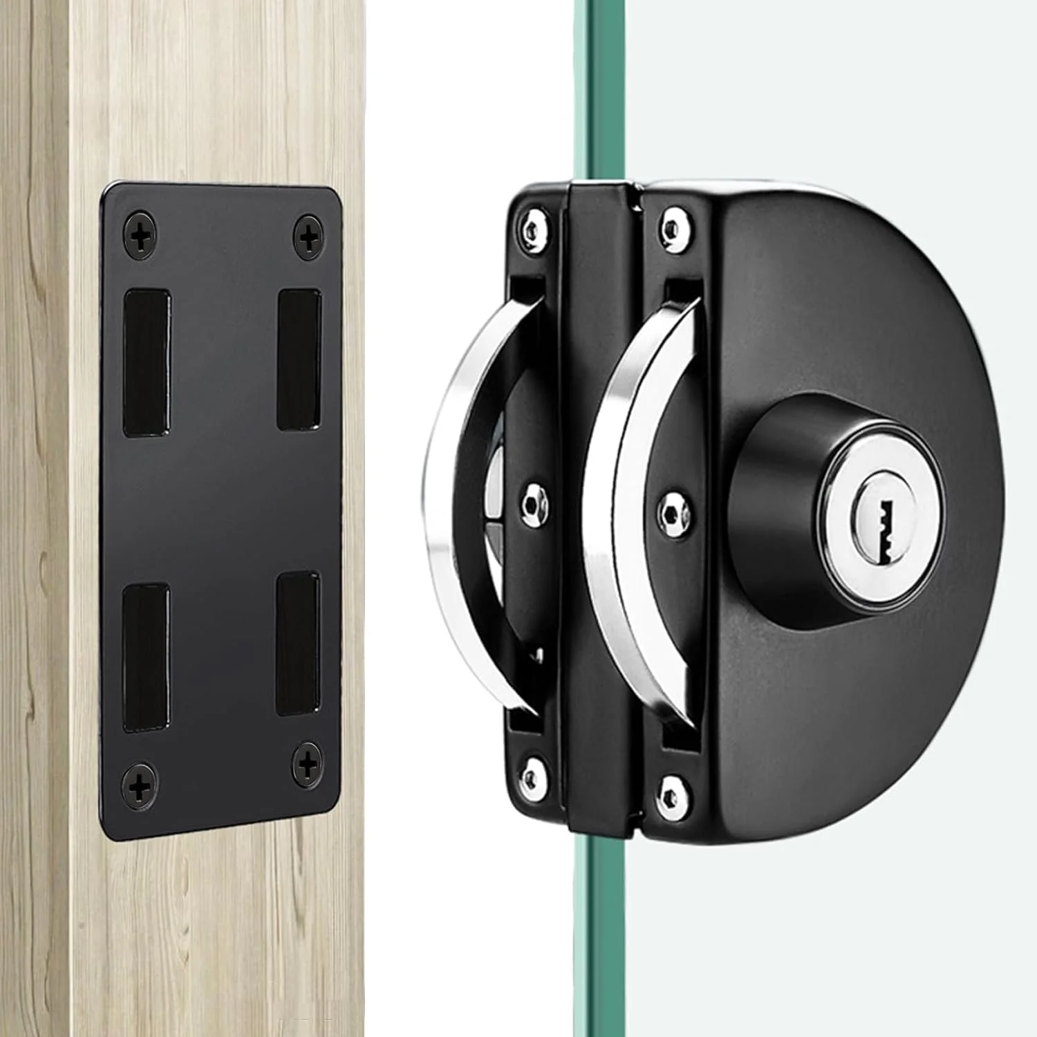 قفل درب شیشه ای کشویی KASTWAVE - فولاد ضد زنگ 304، قفل امنیتی ضد سرقت تجاری-خانگی برای درب های شیشه ای 0.39 تا 0.47 اینچی، قفل دروازه کشویی بدون قاب لولایی دو طرفه با 6 کلید، مشکی