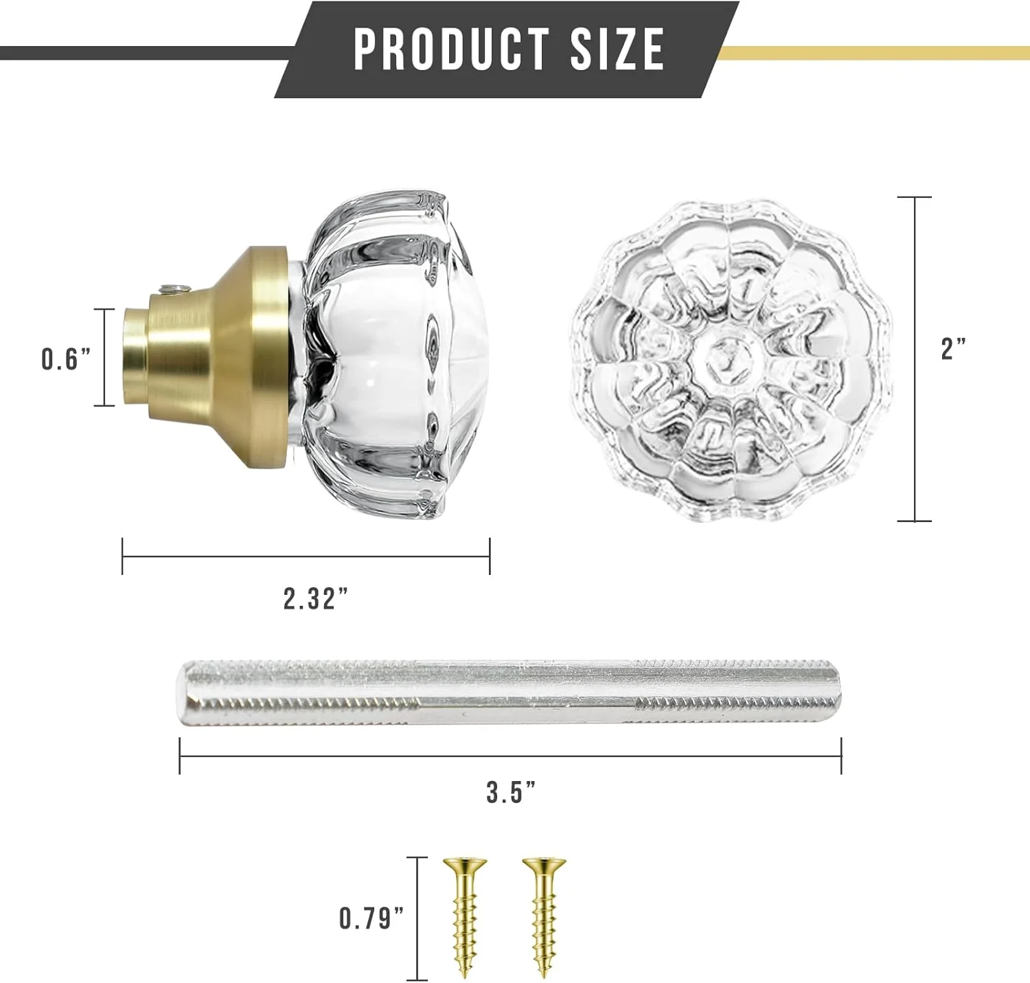 دستگیره های شیشه ای درب داخلی - دستگیره های شیشه ای کریستالی وینتیج با قفل زبانه ای عتیقه جایگزین برای درب های داخلی، کابینت ها، بازسازی های سبک دنیای قدیم، برنجی/طلایی جلا داده شده، 1 عدد