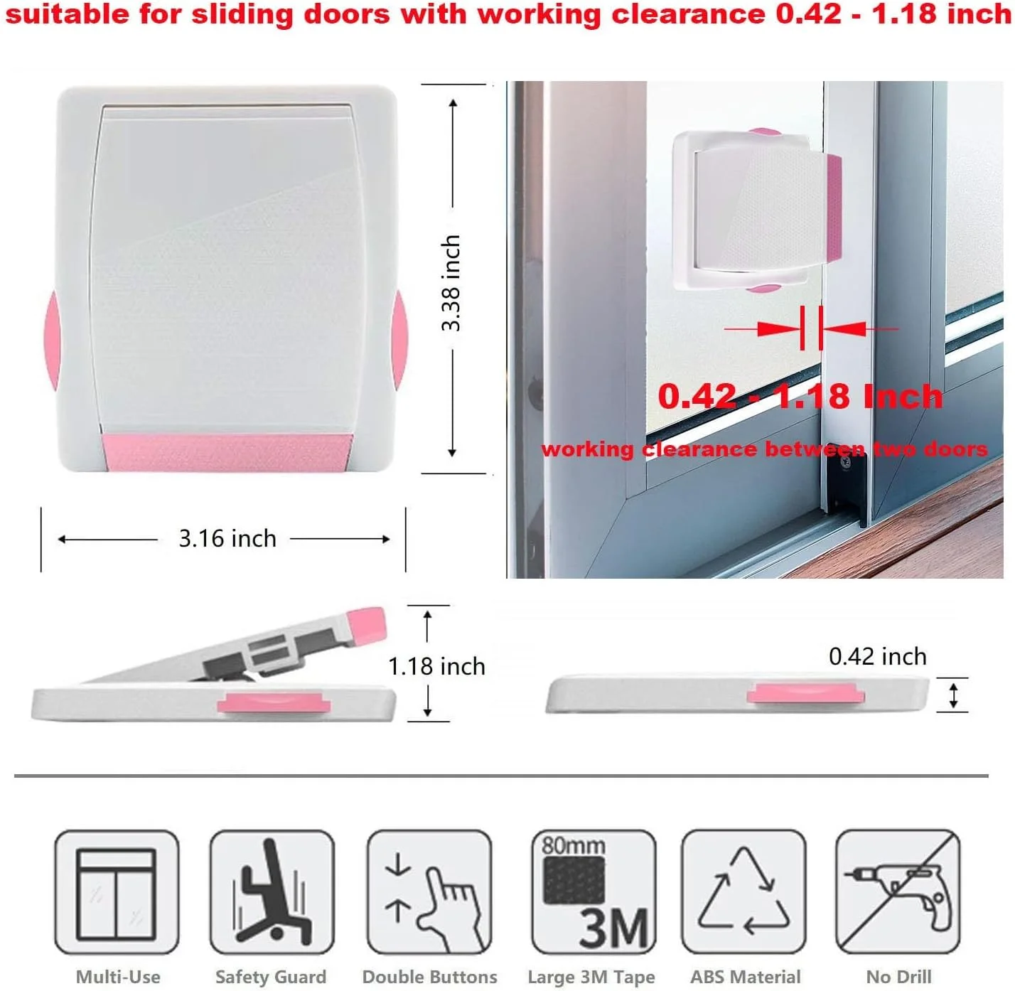 قفل درب شیشه ای کشویی کودک KASTWAVE، بسته 4 عددی قفل ایمنی پنجره کشویی کودک برای ایمن سازی درهای پاسیو و کمد، بدون نیاز به ابزار حفاری (صورتی)