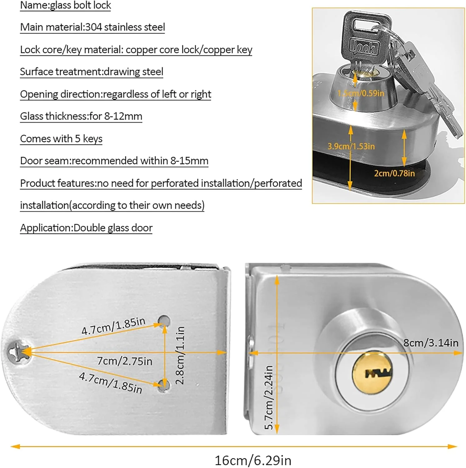 قفل درب شیشه ای، شیشه به شیشه به همراه 5 کلید، مناسب برای شیشه با ضخامت 8 تا 12 میلی متر، قفل درب شیشه ای حمام و اتاق دوش، قفل درب شیشه ای آپارتمان هتل