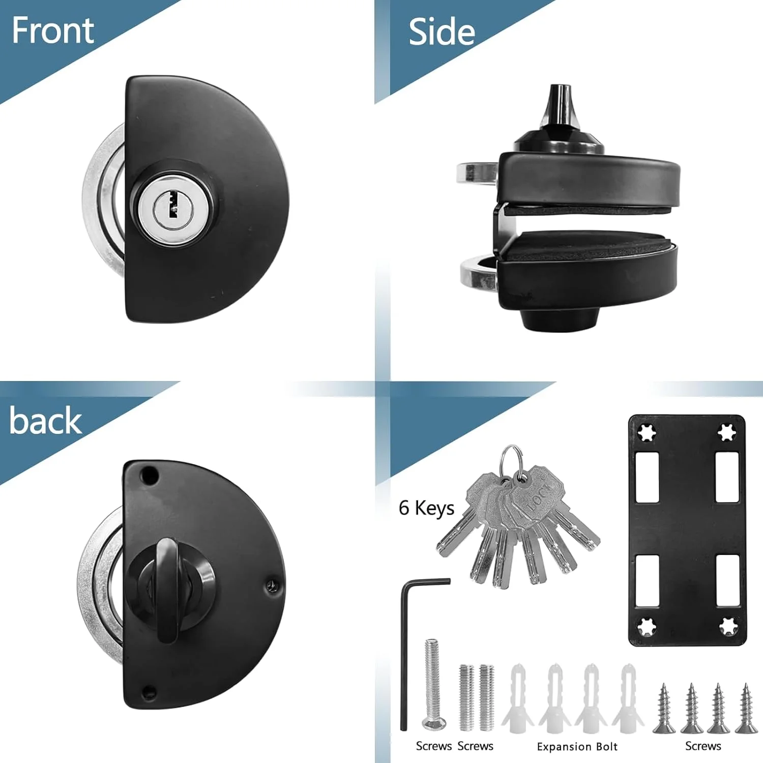 قفل درب شیشه ای کشویی KASTWAVE - فولاد ضد زنگ 304، قفل امنیتی ضد سرقت تجاری-خانگی برای درب های شیشه ای 0.39 تا 0.47 اینچی، قفل دروازه کشویی بدون قاب لولایی دو طرفه با 6 کلید، مشکی