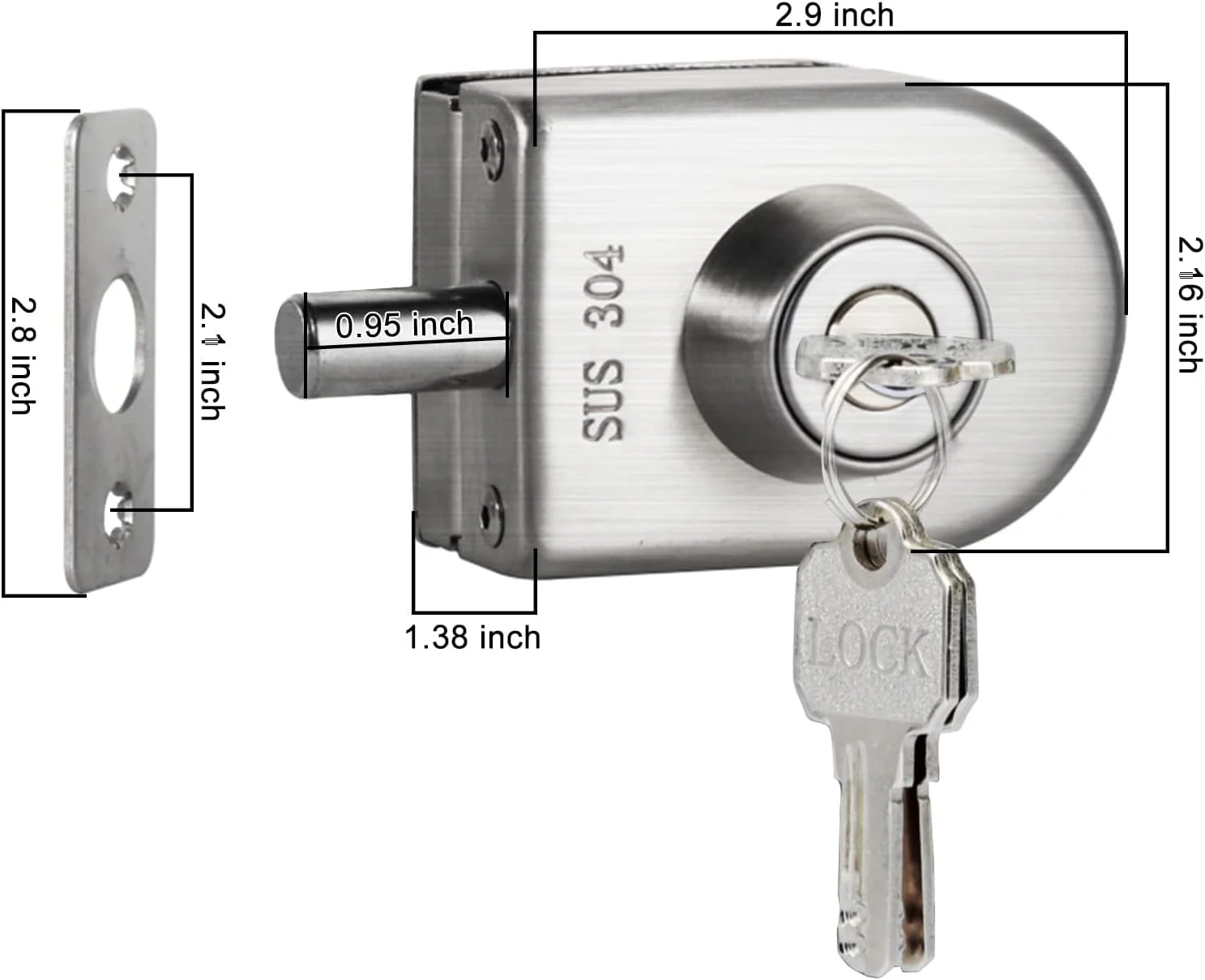 قفل درب شیشه ای استیل ضد زنگ مناسب برای شیشه 1/2 اینچی با ضخامت 0.39 تا 0.47 اینچ، قفل زبانه ای کف برای درب شیشه ای، قفل زمینی برای درب های شیشه ای حمام، توالت و فروشگاه (102-D)