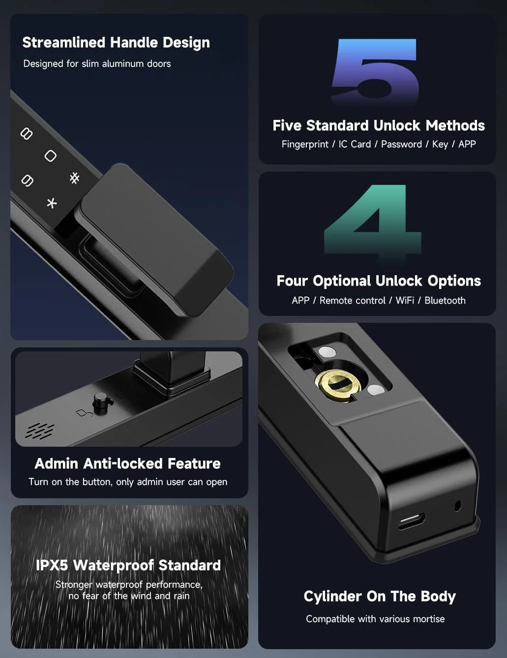 قفل هوشمند باریک کشویی اثر انگشتی شیشه ای درب eLinkSmart ضد آب بدون کلید با زبانه قلاب دار برای ضخامت درب 22 تا 110 میلی متر، صفحه کلید آلومینیومی برای درب پاسیو با برنامه Tuya