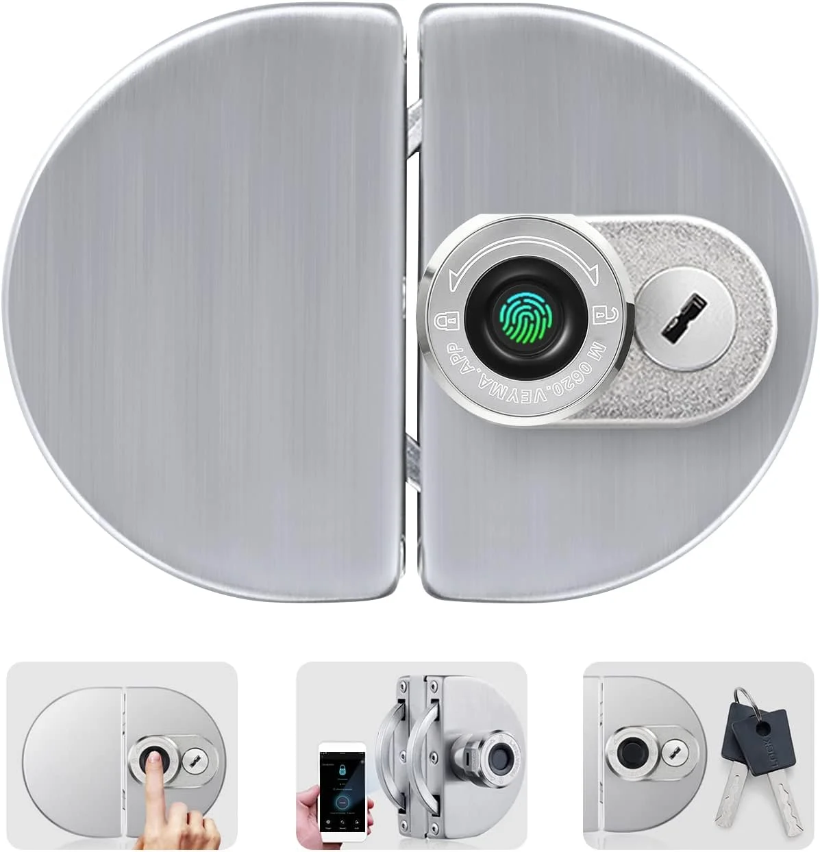 قفل درب شیشه ای هوشمند با اثر انگشت، برنامه تلفن همراه و کلید مکانیکی، 3 روش باز کردن قفل، فولاد ضد زنگ، 100 اثر انگشت، قفل درب هوشمند قابل شارژ، قفل نیم دایره ای چرخان هوشمند BT برای درب شیشه ای 12 میلی متری دفاتر
