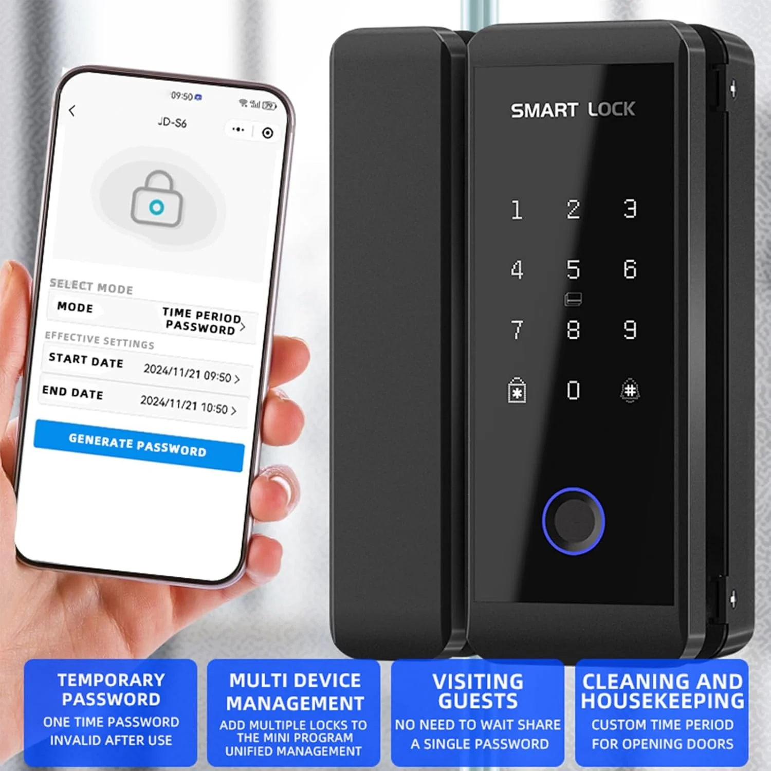 قفل هوشمند امنیتی Fockety، ورود بدون کلید اثر انگشتی TY WIFI با کنترل برنامه، دسترسی از راه دور، باز کردن قفل با کارت رمز عبور، قفل هوشمند درب جلو برای شیشه، چوبی، کشویی