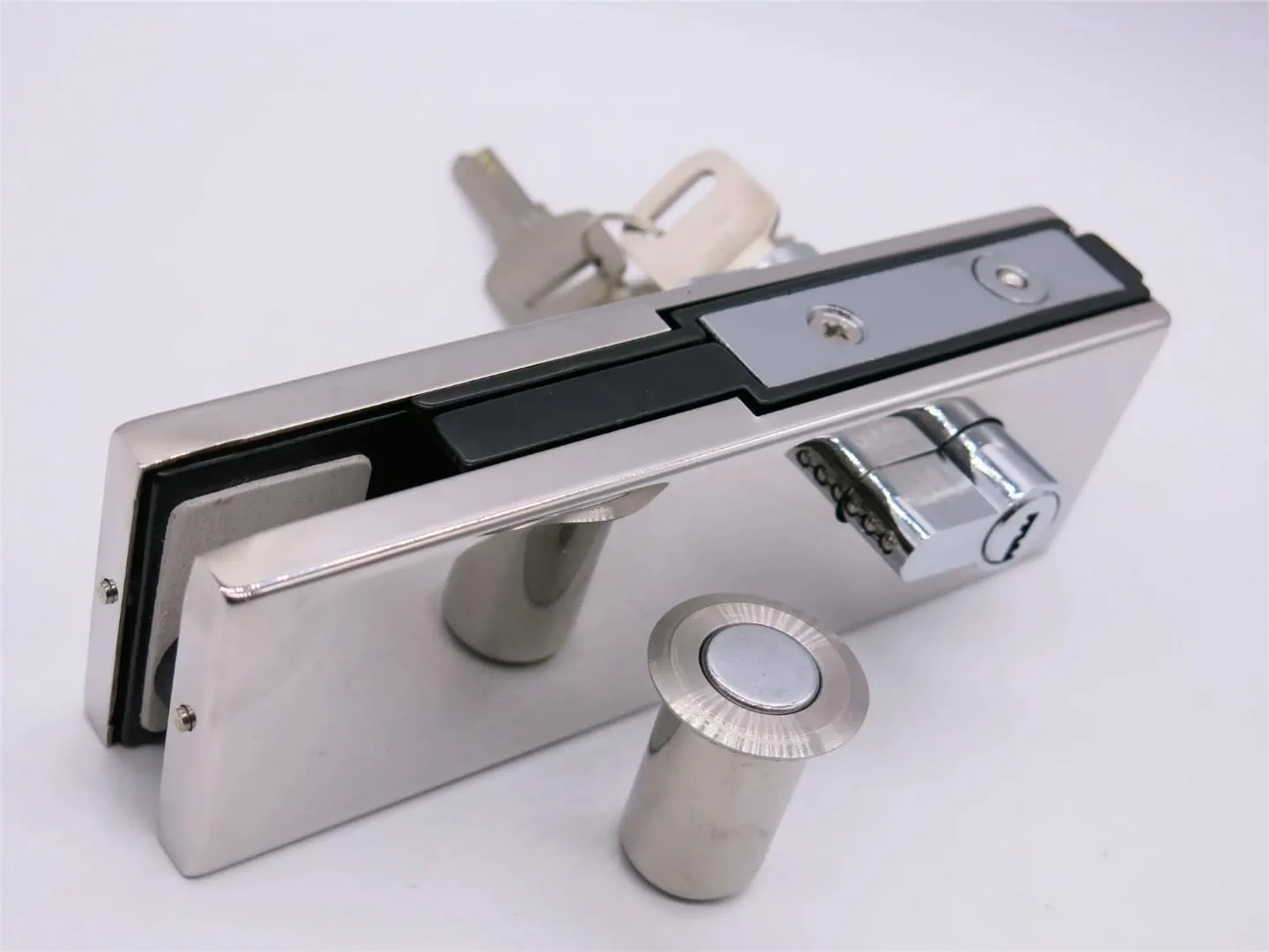 قفل شیشه سکوریت با زبانه و سیلندر کلید، روکش کروم، مناسب کاربری تجاری