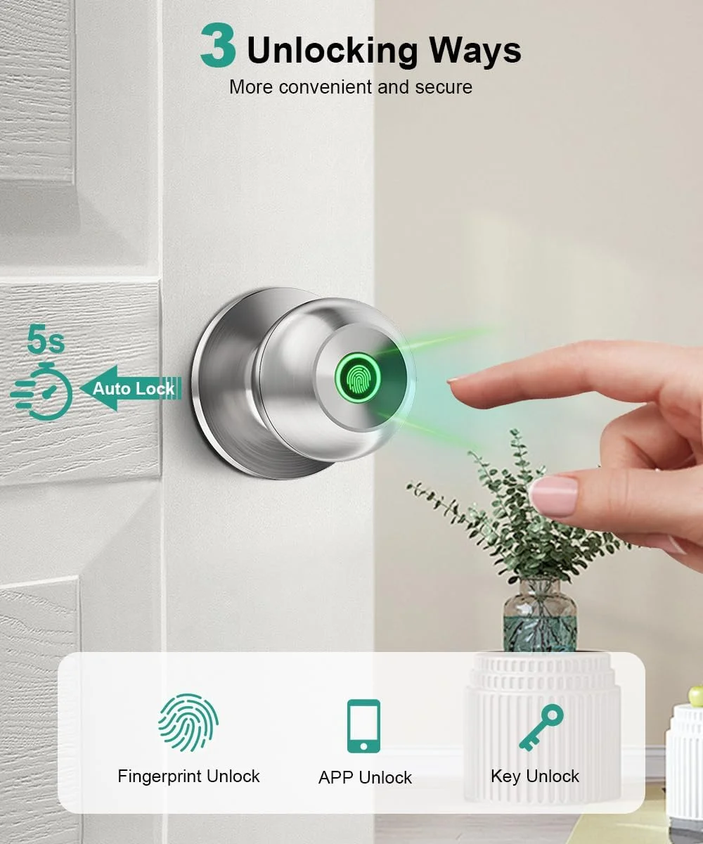 قفل اثر انگشتی درب، دستگیره درب اثر انگشتی هوشمند با قفل، قفل های بیومتریک درب با کنترل برنامه و کلید، قفل های درب ورودی اثر انگشتی بدون کلید برای اتاق خواب، درب ورودی، خانه، آپارتمان - نقره ای برس خورده