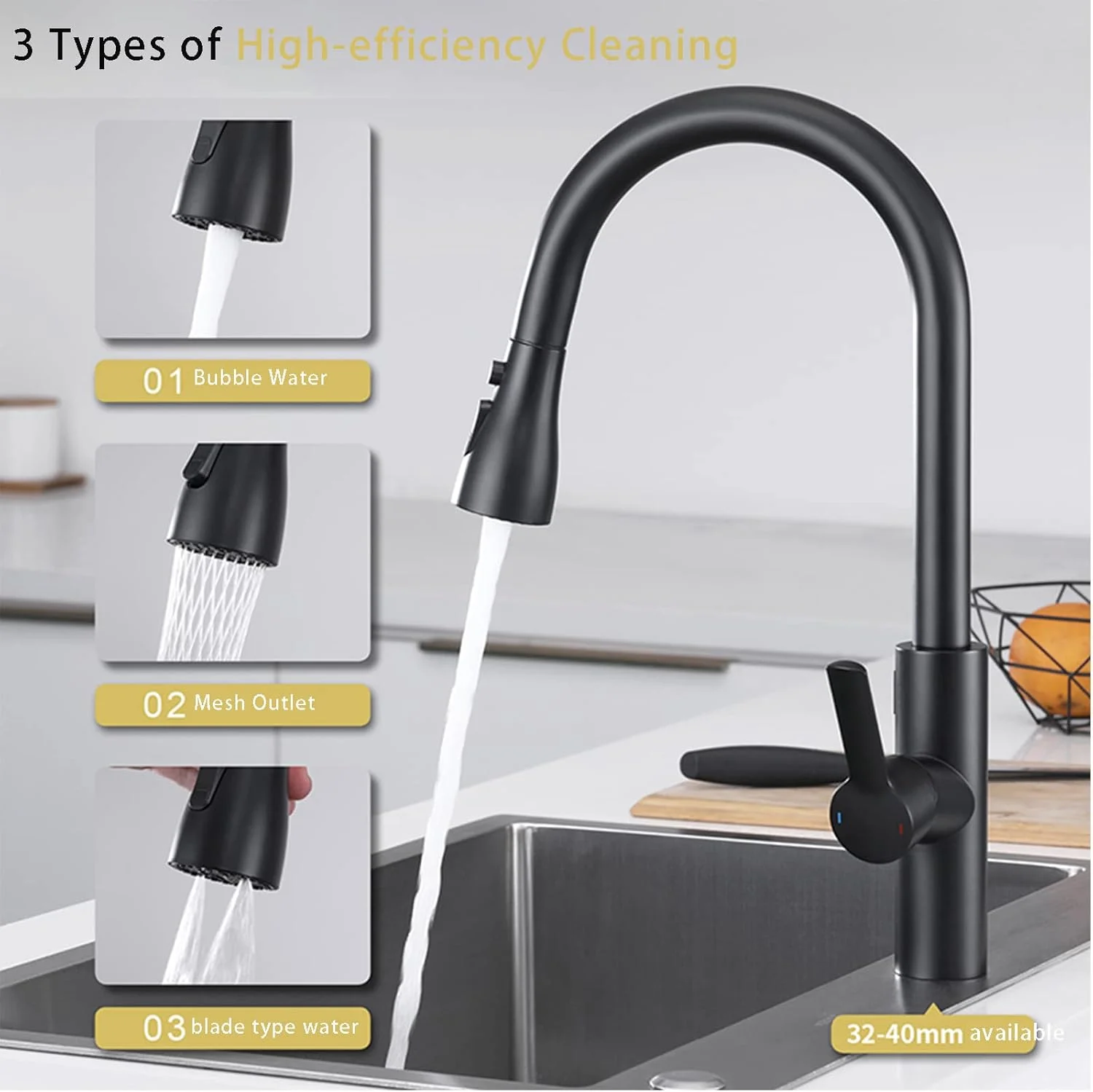 شیر آشپزخانه بدون لمس با اسپری کشویی، شیر سینک آشپزخانه تک دسته سنسور مادون قرمز، شیرآلات میکسر آشپزخانه برنجی با قوس بلند مشکی A