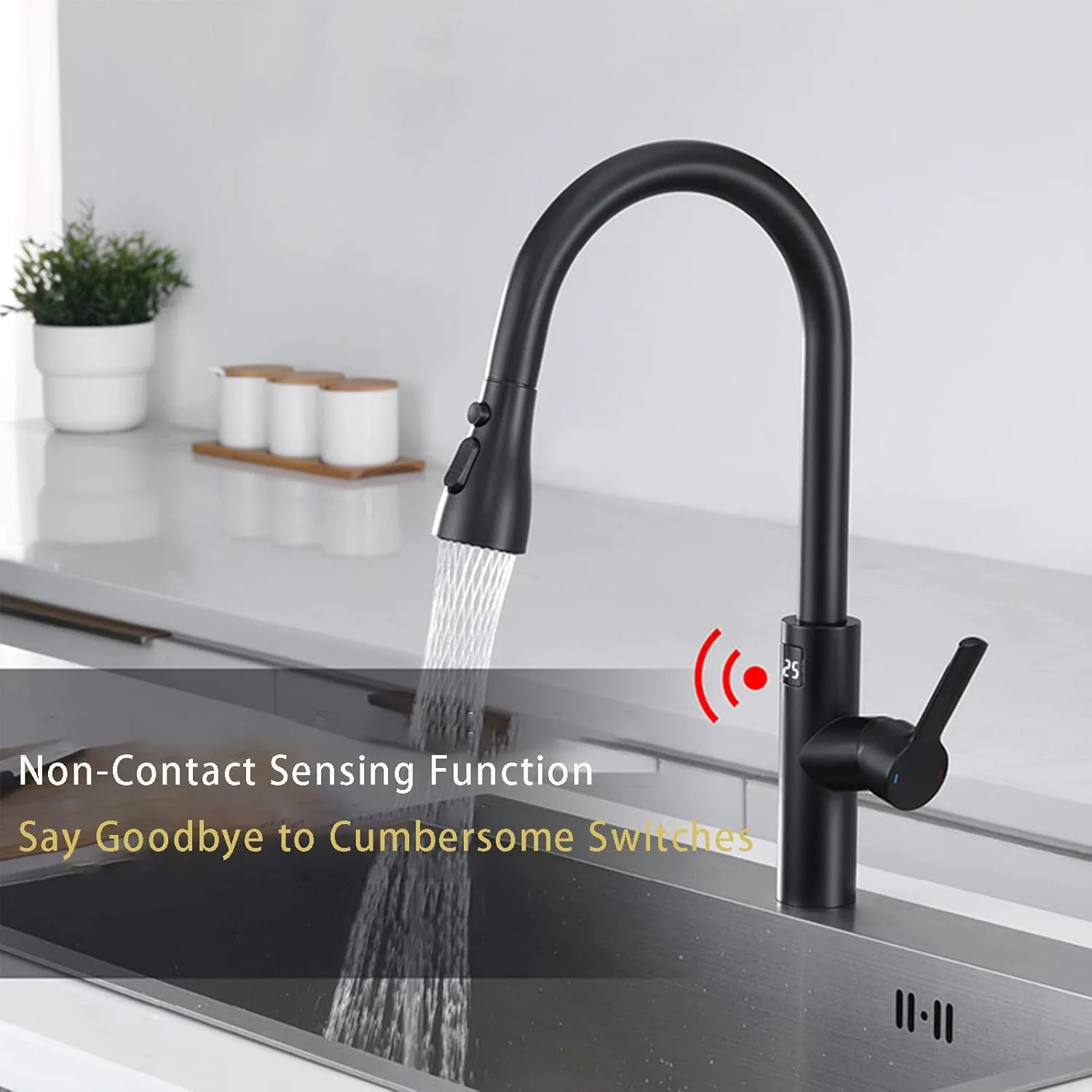 شیر آشپزخانه بدون لمس با اسپری کشویی، شیر سینک آشپزخانه تک دسته سنسور مادون قرمز، شیرآلات میکسر آشپزخانه برنجی با قوس بلند مشکی A