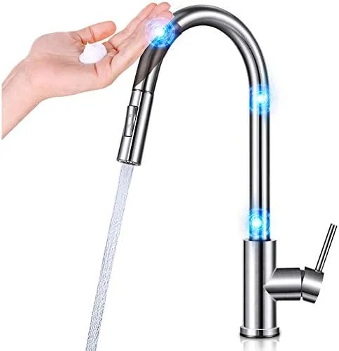 شیر آشپزخانه هوشمند تک دستگیره ای با حسگر، شیرآلات اتوماتیک لمسی با اسپری بیرون کشیدنی، دارای اسپری با 3 حالت جریان آب، با ساختار چند لایه و ضد نشت