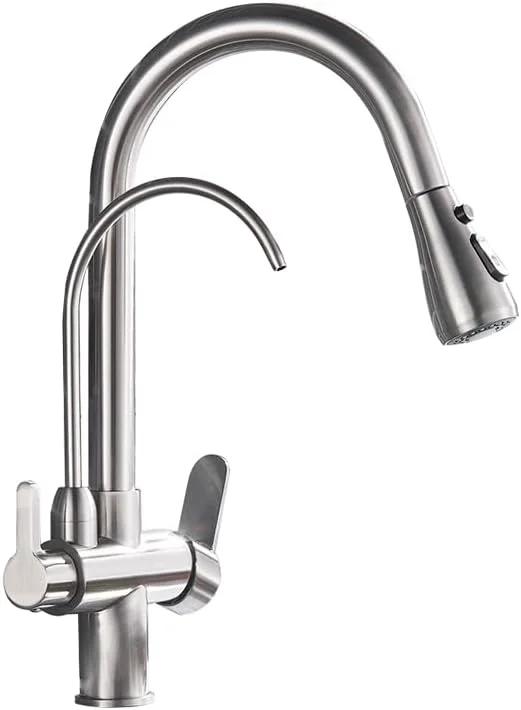 شیر آشپزخانه برای بار، خانه مزرعه، تجاری، مشکی مات، جرثقیل فیلتردار برای آشپزخانه، شیر آب فیلتر آب چرخشی 360 درجه با قابلیت بیرون کشیدن، شیر مخلوط کن سینک سه طرفه (نیکل برس خورده)