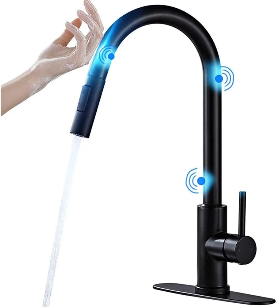 شیر آشپزخانه هوشمند تک دستگیره سنسور دار، شیرآلات اتوماتیک لمسی آشپزخانه با اسپری بیرون کشیدنی، با اسپری 3 حالت جریان آب، با چند لایه - ضد نشت