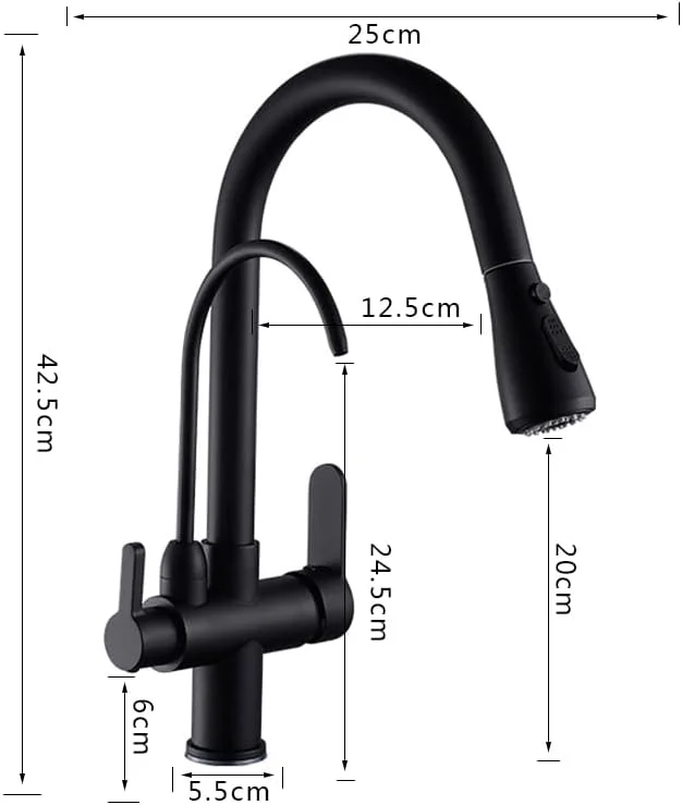 شیر آشپزخانه برای بار، خانه مزرعه، تجاری، مشکی مات، جرثقیل فیلتردار برای آشپزخانه، شیر آب فیلتر آب چرخشی 360 درجه با قابلیت بیرون کشیدن، شیر مخلوط کن سینک سه طرفه (نیکل برس خورده)
