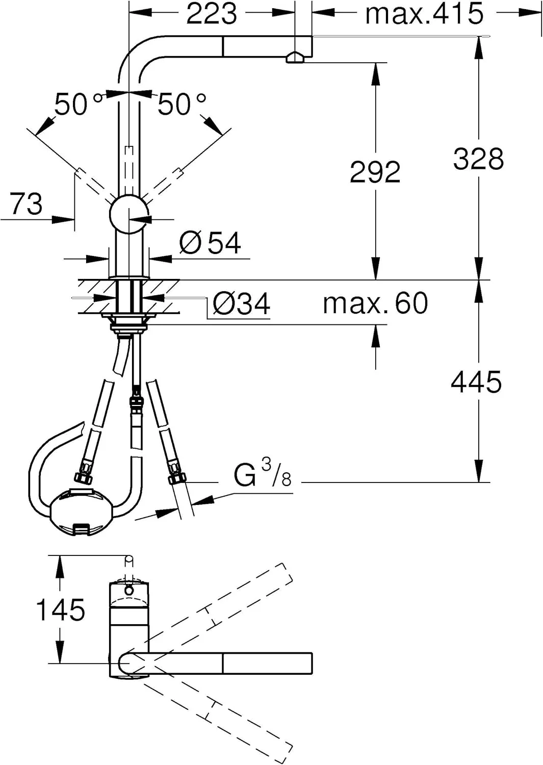 شیرآلات آشپزخانه Grohe، شیر آشپزخانه با علم متحرک - میکسر سینک تک اهرمی مدل Minta با علم L شکل، 32168000