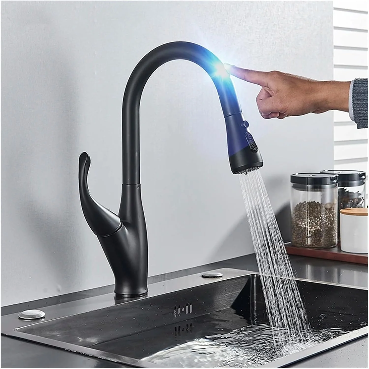 شیر آشپزخانه سنسوردار DSFSDG، شیر هوشمند لمسی، دارای آبپاش کشویی با حالت های جریان و اسپری آب، شیر مخلوط سرد و گرم، شیر سینک حمام