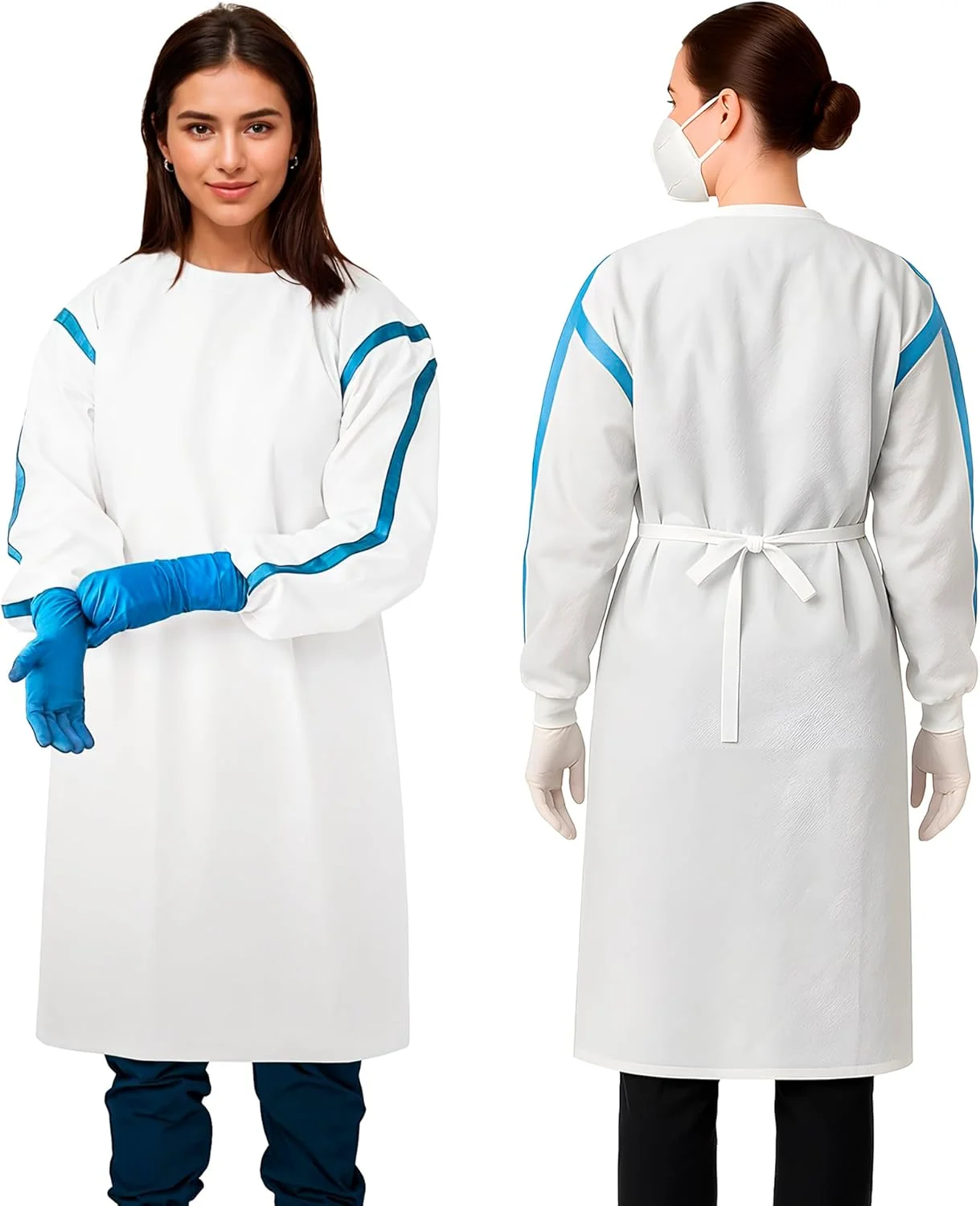 گان ایزوله یکبار مصرف پزشکی AMZ، سایز S. بسته 1 عددی گان های یکبار مصرف سفید میکروپورس با آستین. گان ایزوله 50 GSM یکبار مصرف با مچ الاستیک و بستن بند در پشت. گان های PPE