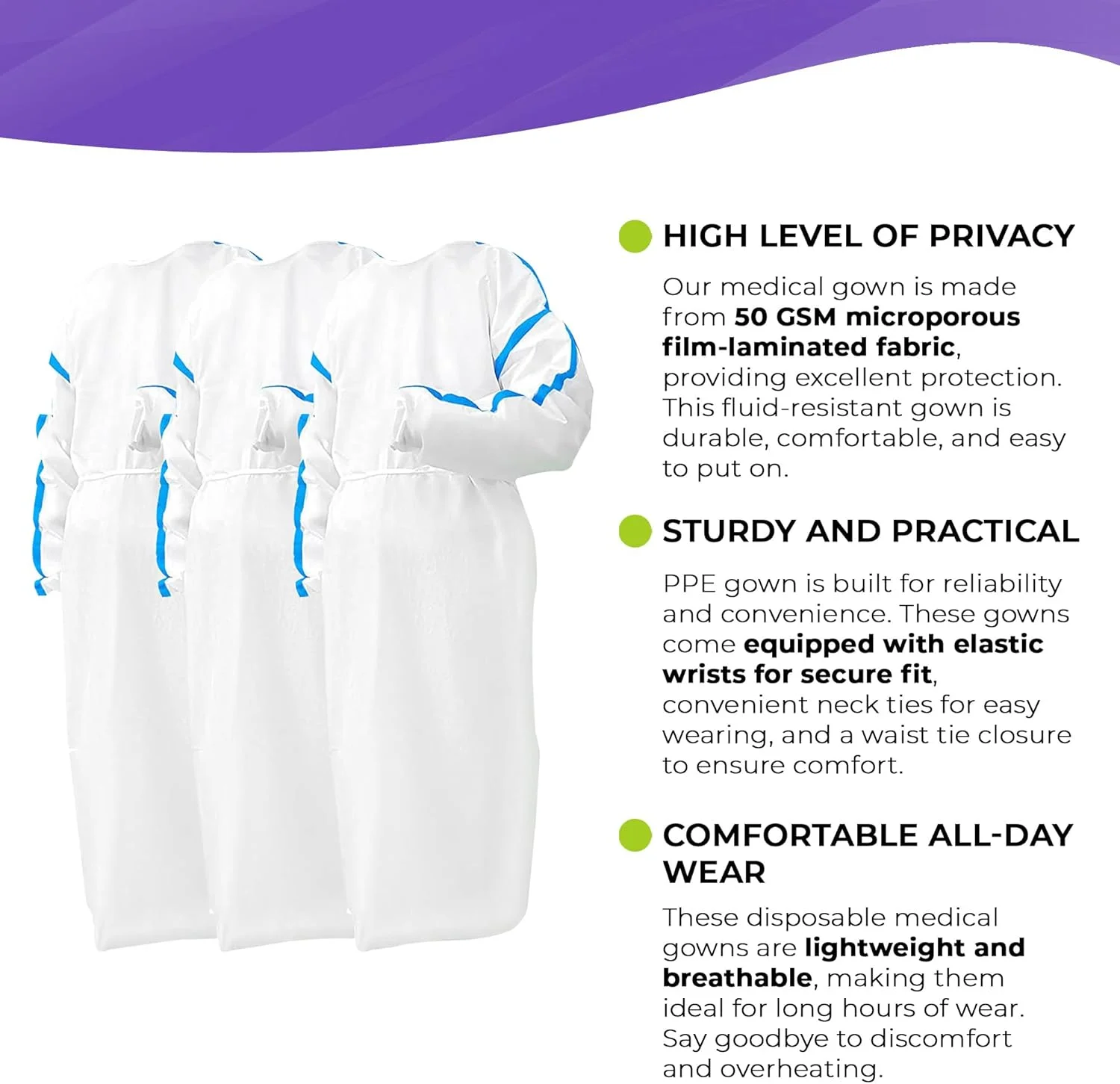 گان ایزوله یکبار مصرف پزشکی AMZ، سایز S. بسته 1 عددی گان های یکبار مصرف سفید میکروپورس با آستین. گان ایزوله 50 GSM یکبار مصرف با مچ الاستیک و بستن بند در پشت. گان های PPE