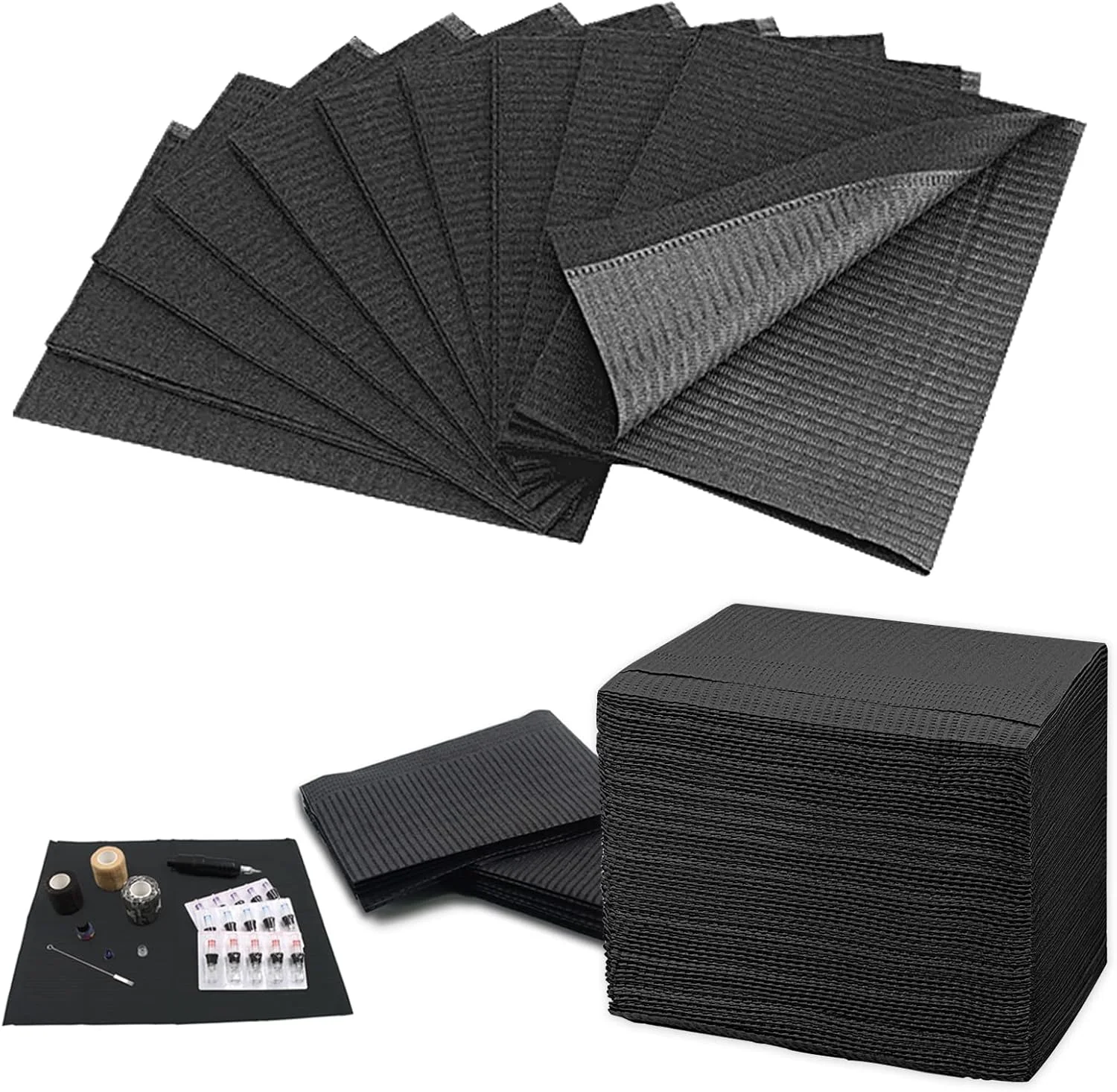 پیشبند دندانپزشکی مشکی TONBAO - بسته 50 عددی پیشبند یکبار مصرف ضد آب تاتو 45.5 x 33 سانتی متر، سفره ممتاز تاتو، پد تمیز کننده، لوازم تاتو