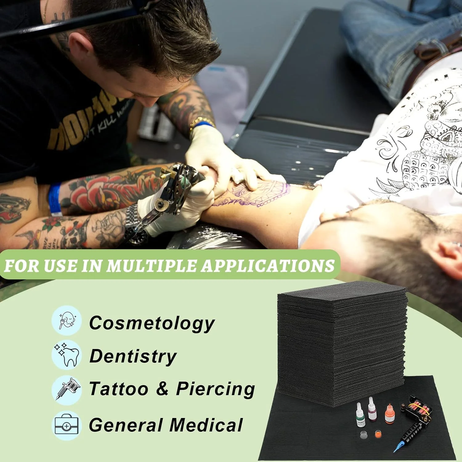 پیشبند دندانپزشکی مشکی TONBAO - بسته 50 عددی پیشبند یکبار مصرف ضد آب تاتو 45.5 x 33 سانتی متر، سفره ممتاز تاتو، پد تمیز کننده، لوازم تاتو