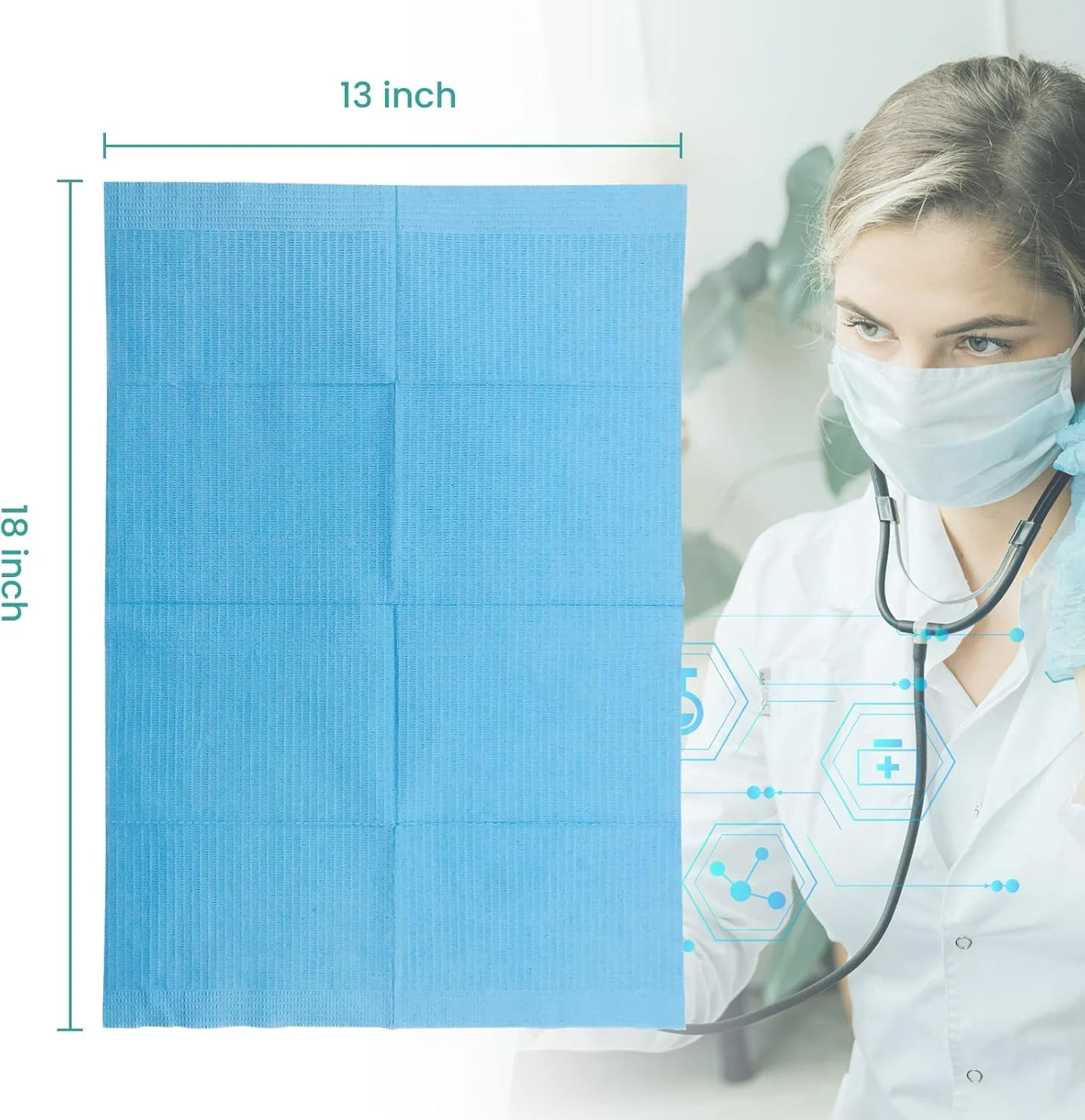 پیش بند دندانپزشکی یکبار مصرف Tenozek بسته 125 عددی، 13"x18"، حوله و زیرانداز ضد آب یکبار مصرف برای میز ناخن - ملزومات 3 لایه ضد آب برای سالن ناخن، کلینیک دندانپزشکی، غذا دادن، فروشگاه تاتو (آبی)