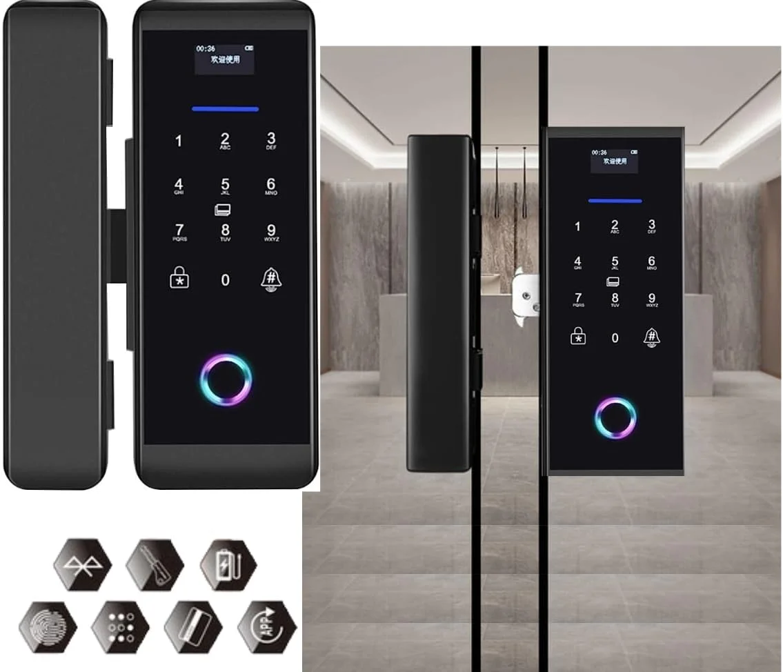 قفل هوشمند الکترونیکی Robustline برای درب شیشه ای با 4 عملکرد - اثر انگشت، اپلیکیشن موبایل، رمز عبور، کارت IC (RBSL4010B) - بدون نیاز به سوراخکاری