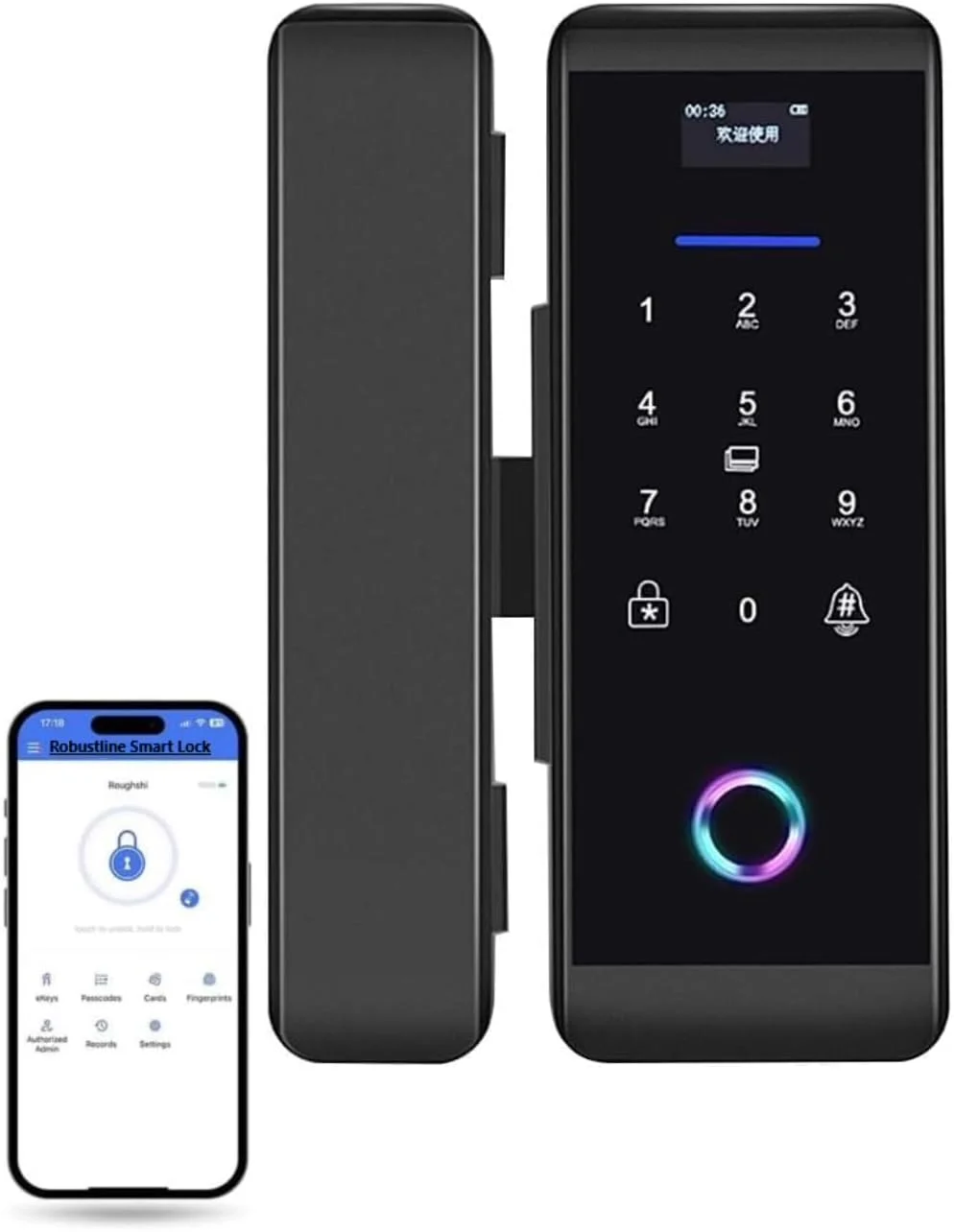 قفل هوشمند الکترونیکی Robustline برای درب شیشه ای با 4 عملکرد - اثر انگشت، اپلیکیشن موبایل، رمز عبور، کارت IC (RBSL4010B) - بدون نیاز به سوراخکاری