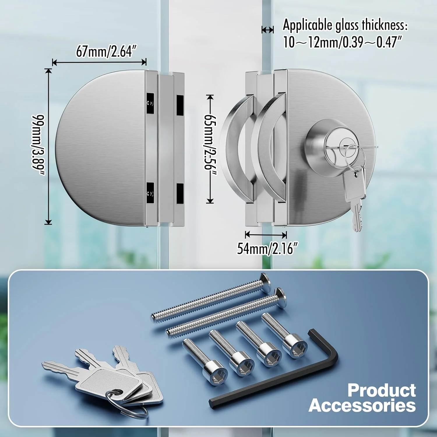 قفل ضد سرقت درب شیشه ای رانبو 304 استیل ضد زنگ تجاری با دوام فلزی کروم 10 میلی متر -12 میلی متر، قفل دروازه کشویی بدون قاب لولایی دو طرفه با 3 کلید