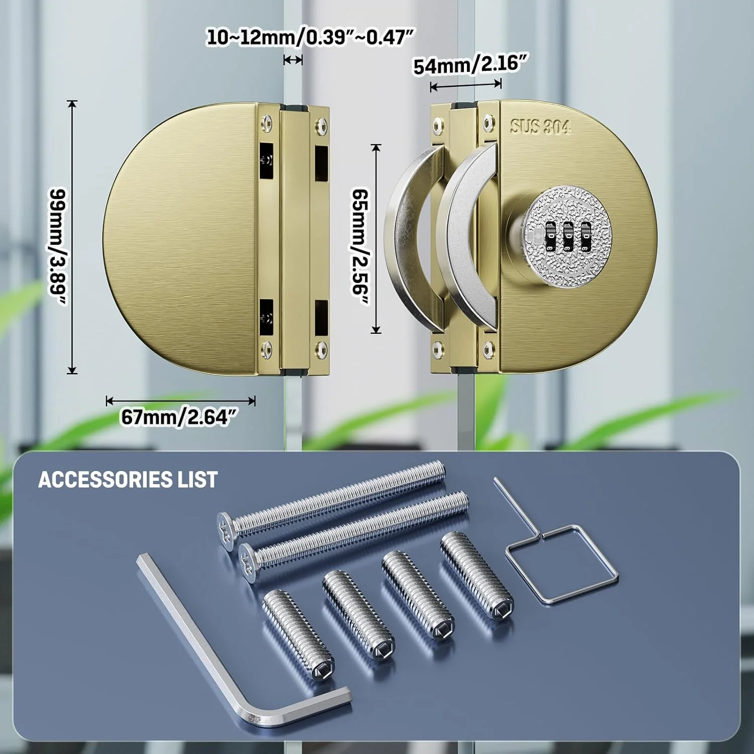 قفل ترکیبی مکانیکی شیشه ای بدون قاب رانبو، بدون نیاز به سوراخکاری، مناسب برای شیشه های با ضخامت 3/8 تا 1/2 اینچ، نقره ای برس خورده، مناسب برای درب های شیشه ای دو لنگه در مصارف خانگی و تجاری. (طلایی برس خورده)