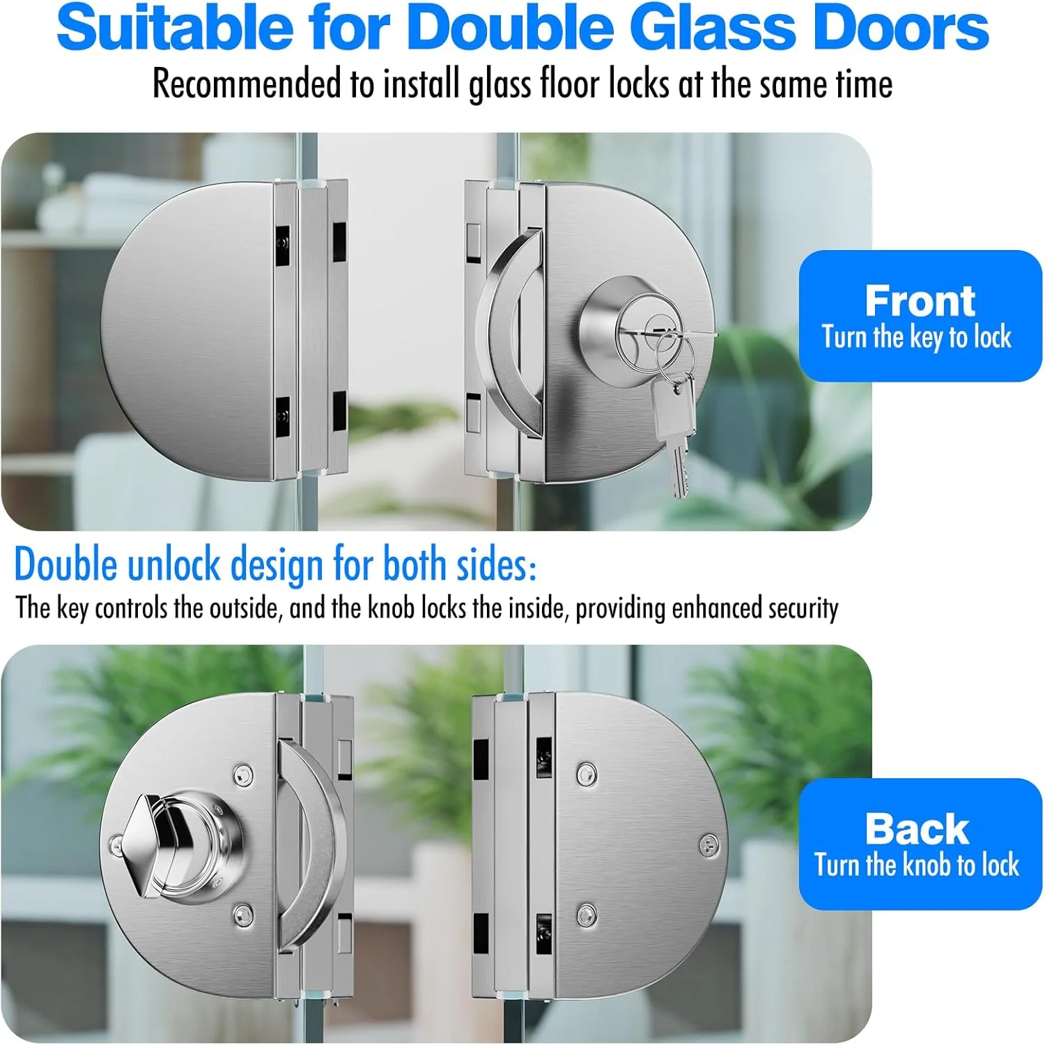 قفل ضد سرقت درب شیشه ای رانبو 304 استیل ضد زنگ تجاری با دوام فلزی کروم 10 میلی متر -12 میلی متر، قفل دروازه کشویی بدون قاب لولایی دو طرفه با 3 کلید